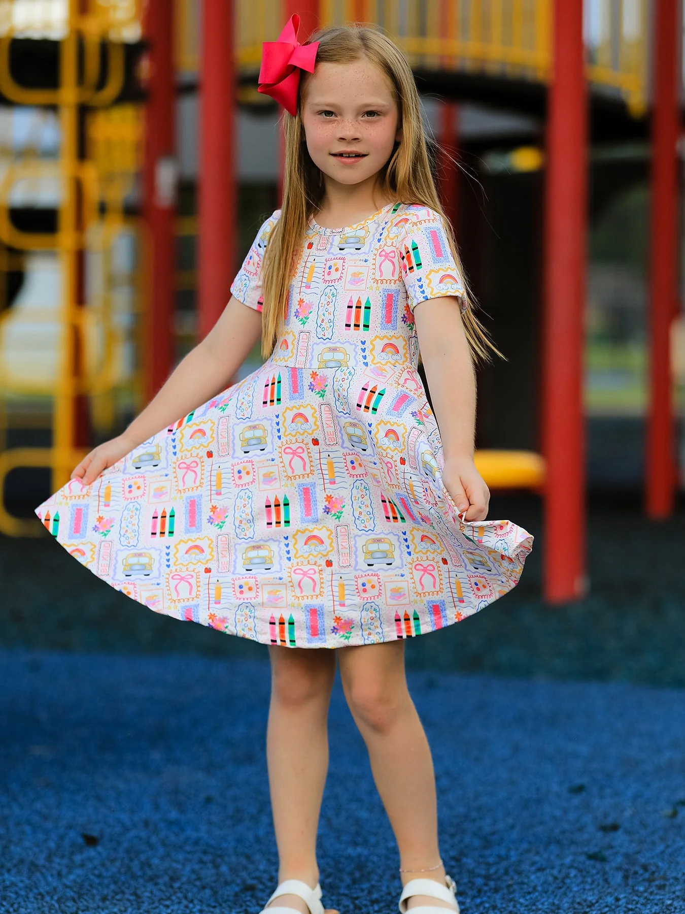 Back to School Rainbow Print Girls Dress Short Sleeve - Image 4