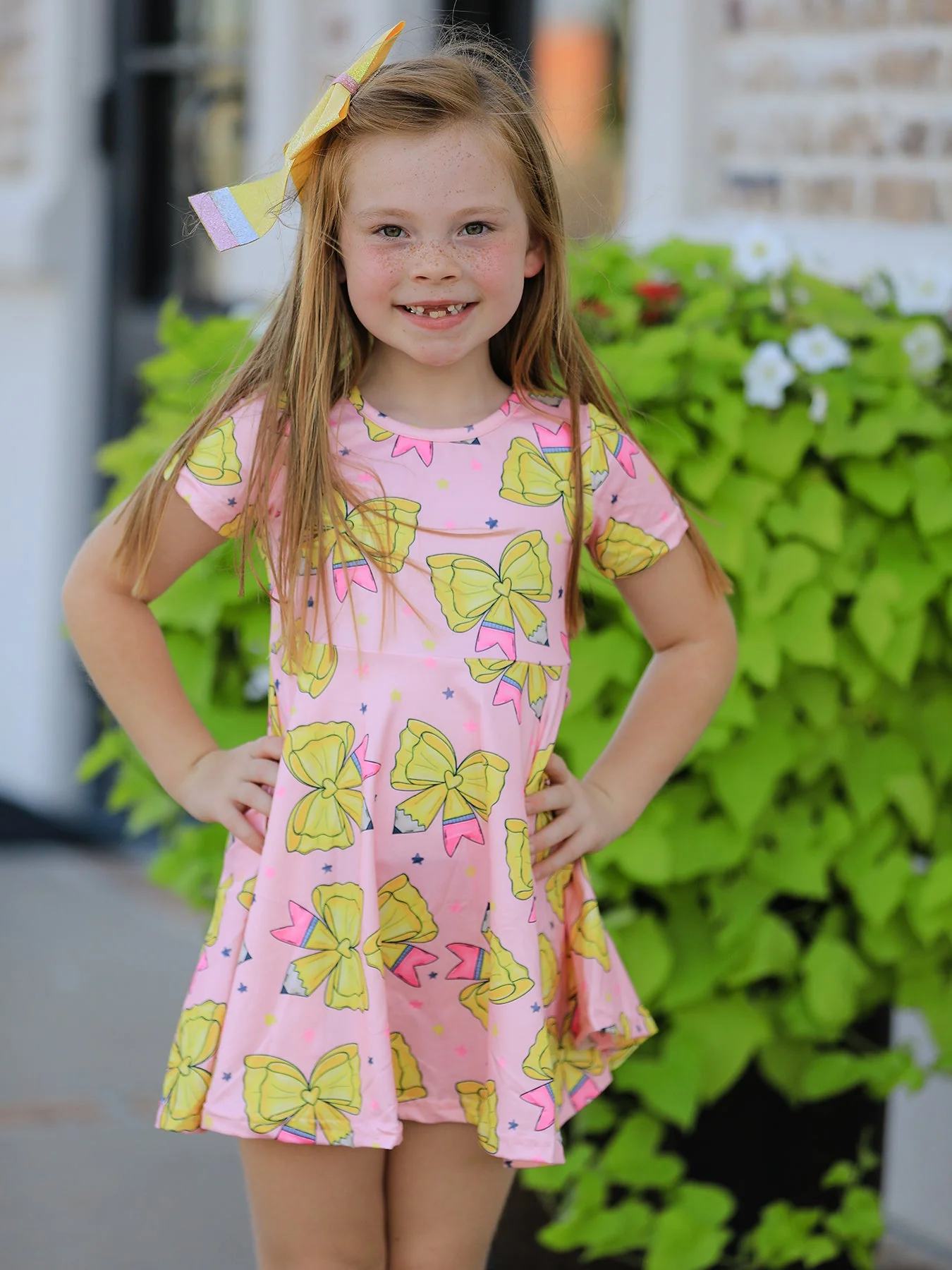 Back to School Yellow Bow Print Girls Dress - Image 4