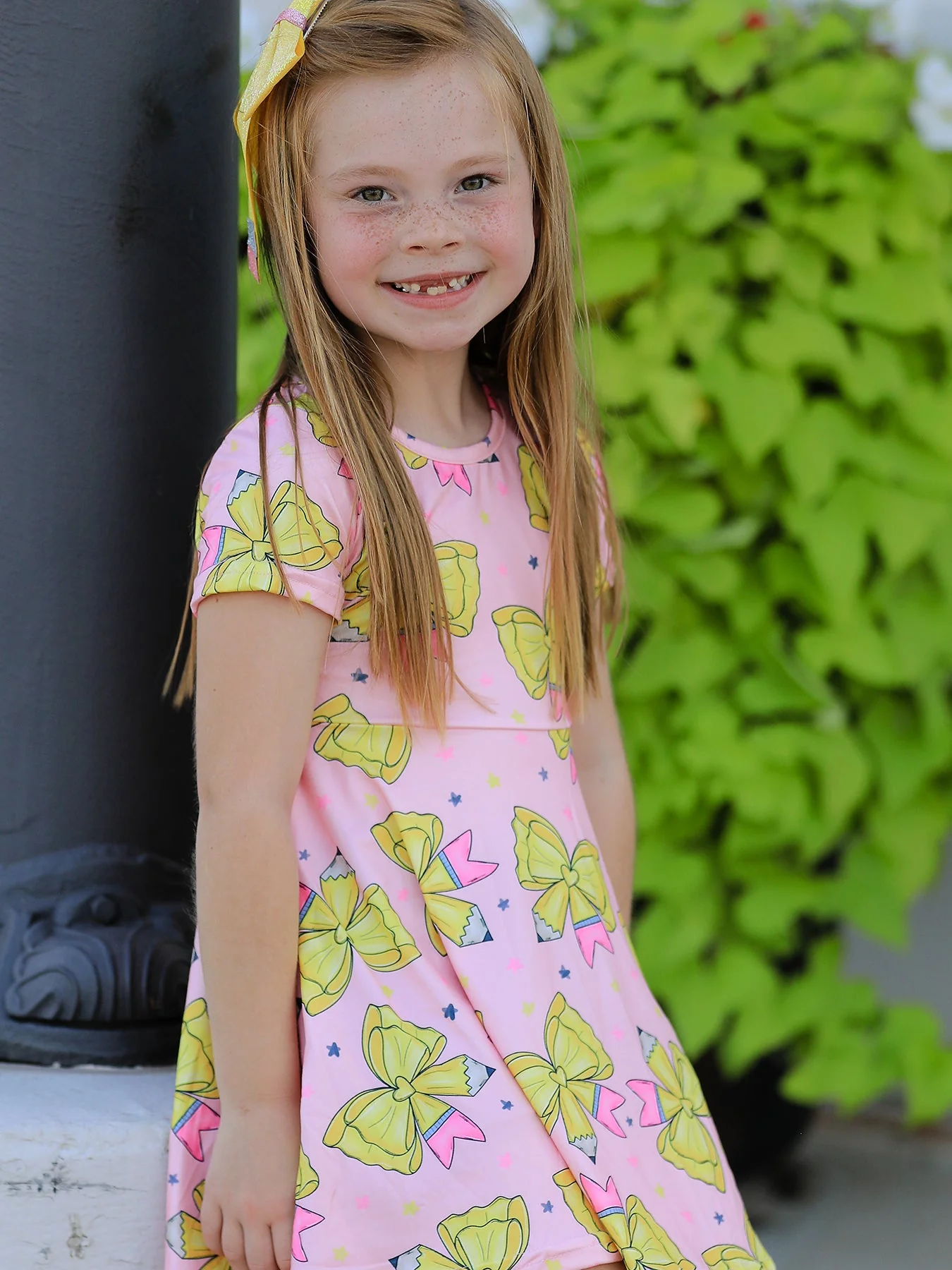 Back to School Yellow Bow Print Girls Dress - Image 5