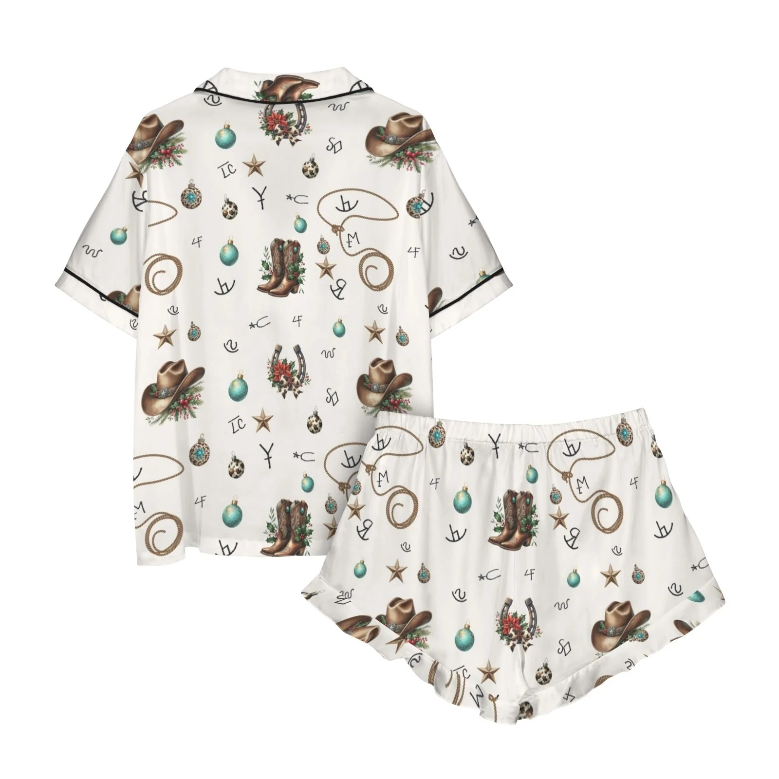 Baha Ranch Boots and Brands Western Cowgirl Cowboy Satin Short Pajama Sets - Image 5