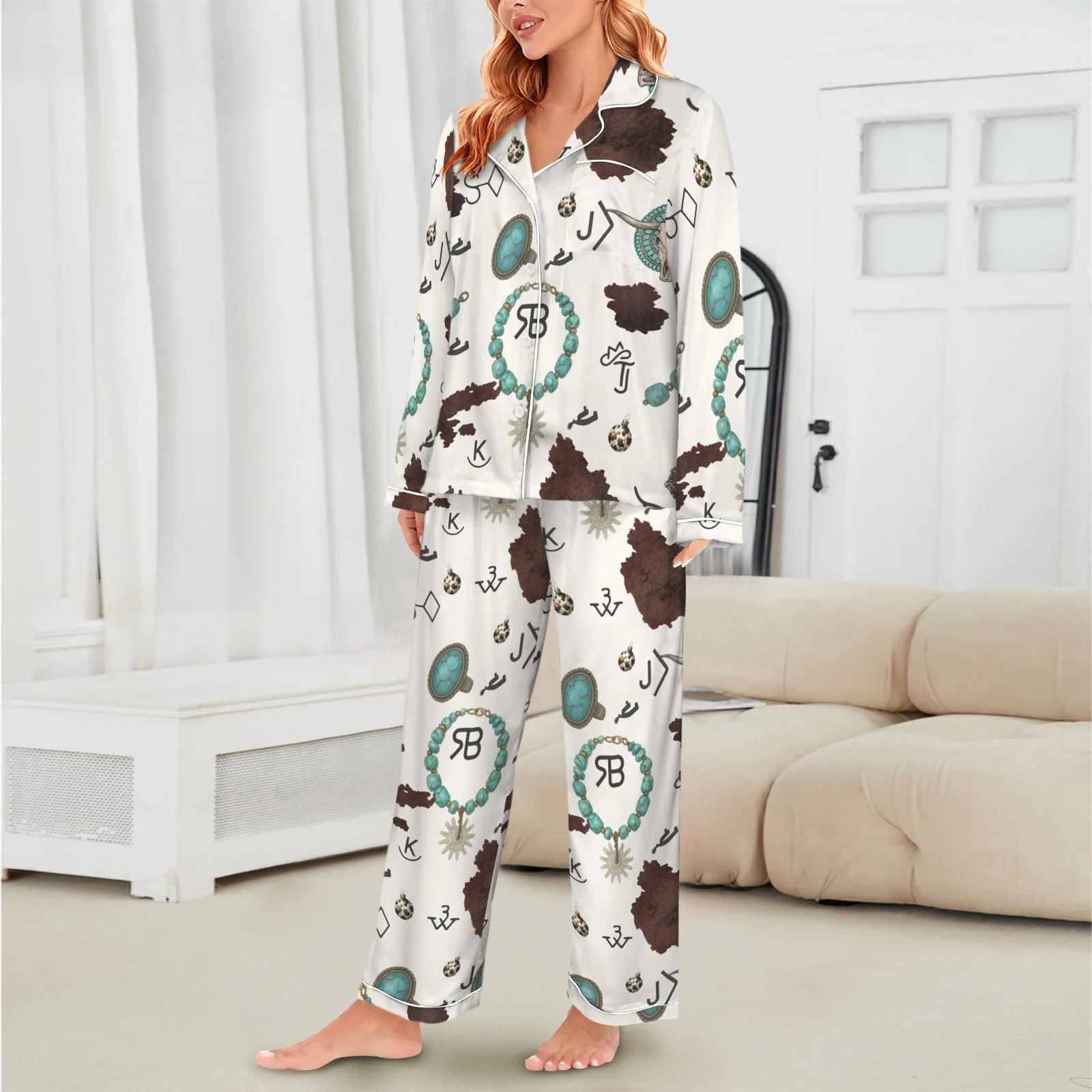 Baha Ranch Brands & Turquoise Cowgirl Christmas Western Cowprint Satin Pajamas - Image 2