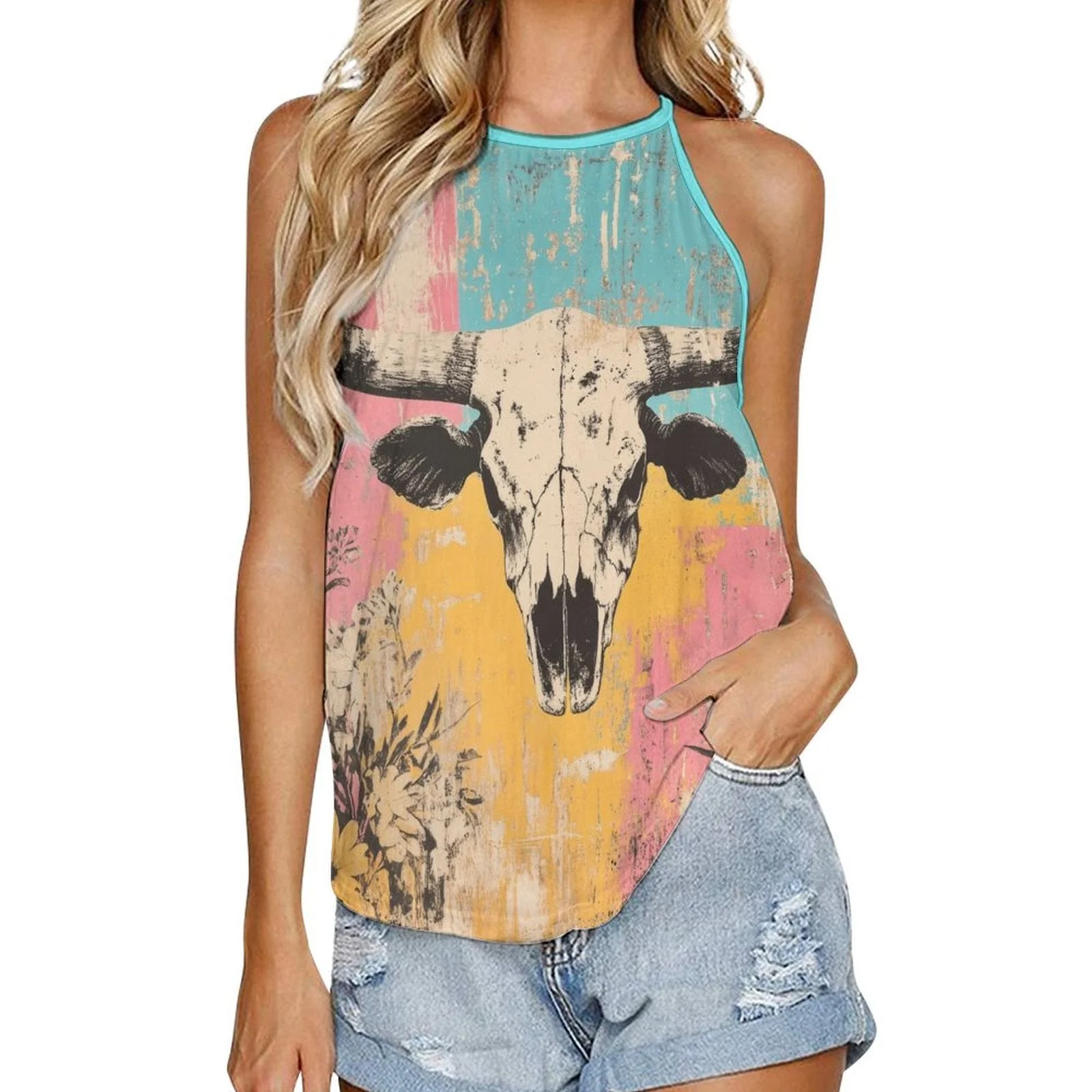 Baha Ranch Bull Skull Retro Pop Western Tank Top - Image 3