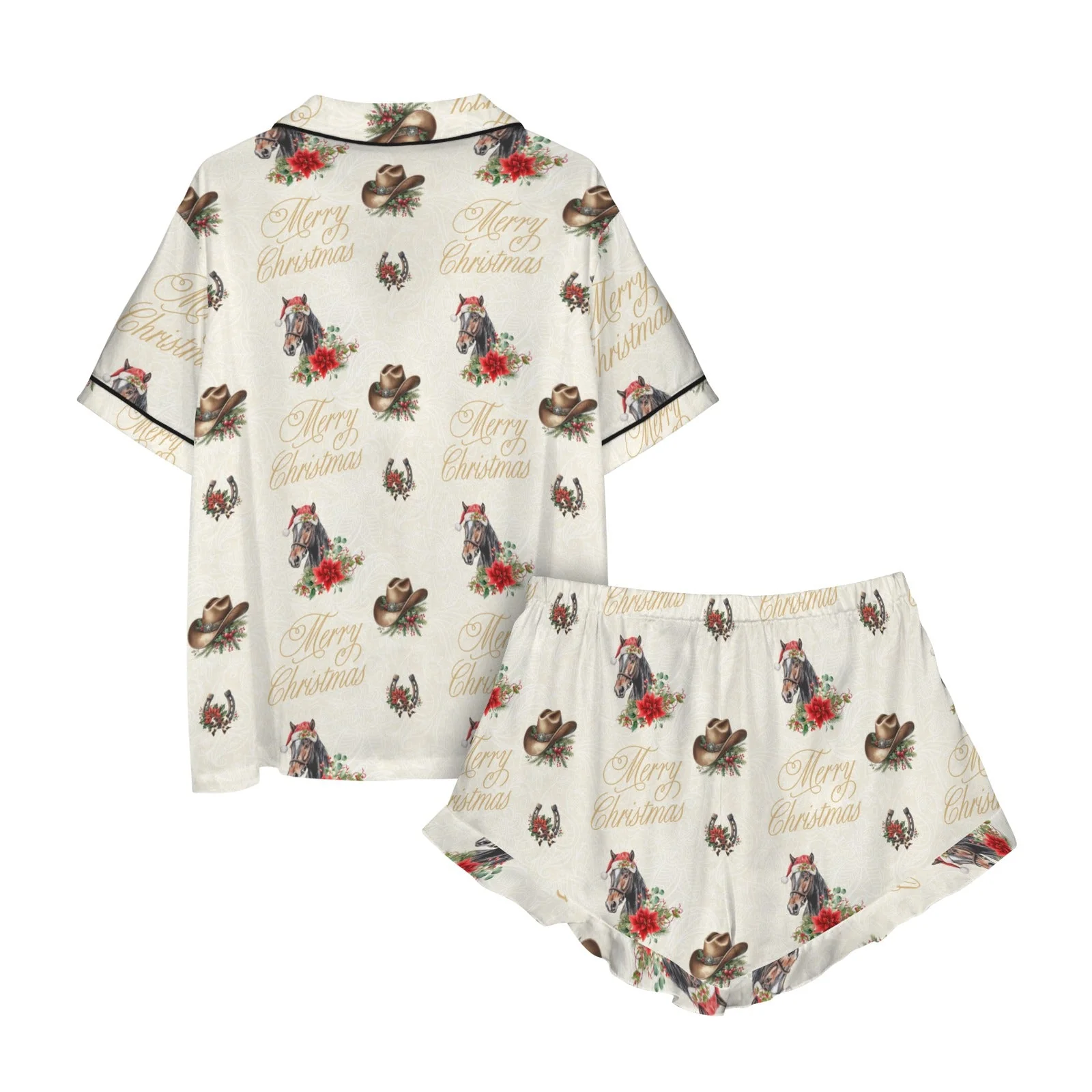 Baha Ranch Christmas Horses Cowgirl Western Satin Short Pajama Set - Image 5