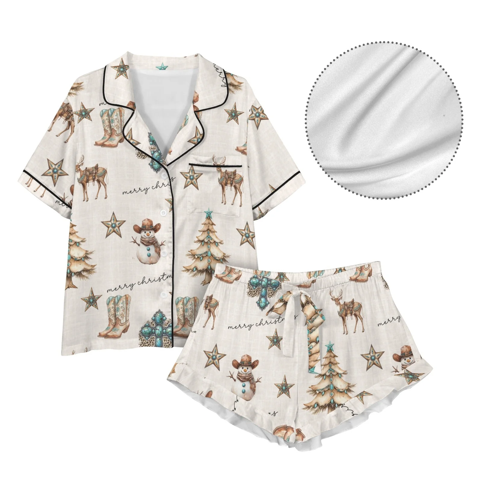 Baha Ranch Christmas Spirit Cowgirl Western Cowboy Satin Short Pajama Sets - Image 4