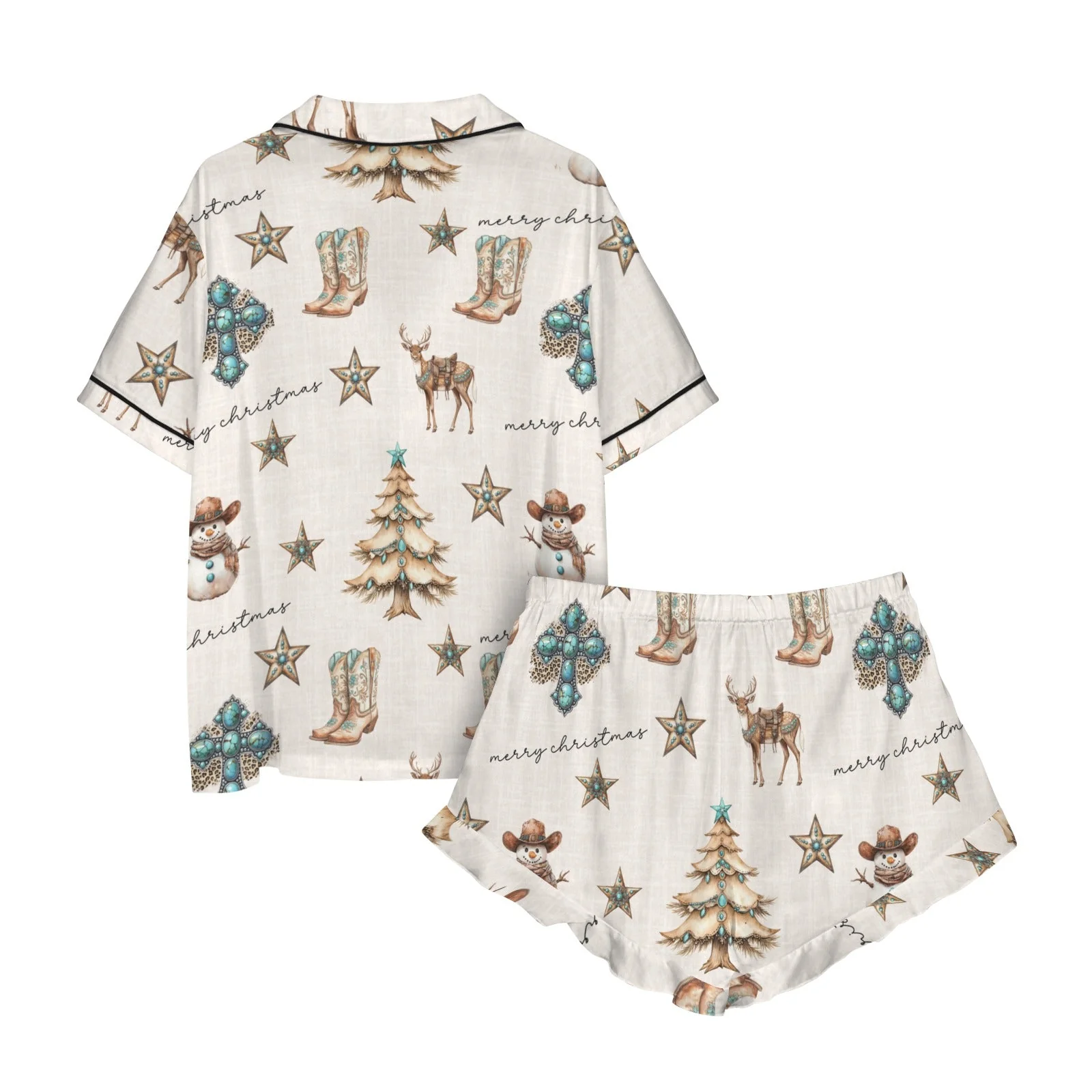Baha Ranch Christmas Spirit Cowgirl Western Cowboy Satin Short Pajama Sets - Image 5