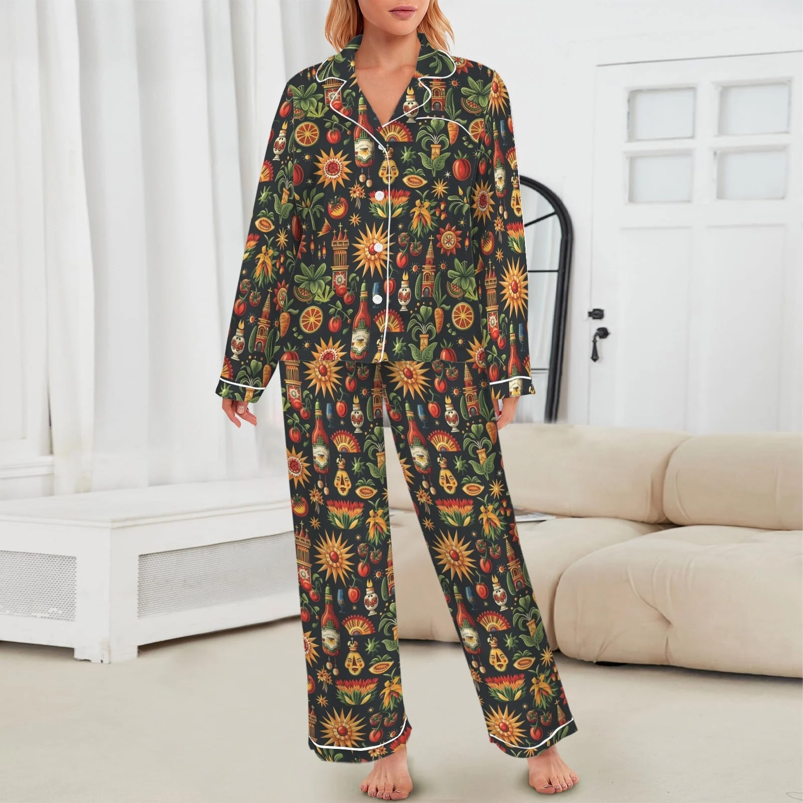 Baha Ranch Colores De Mexico - Mexican Culture Satin Pajamas - Image 2