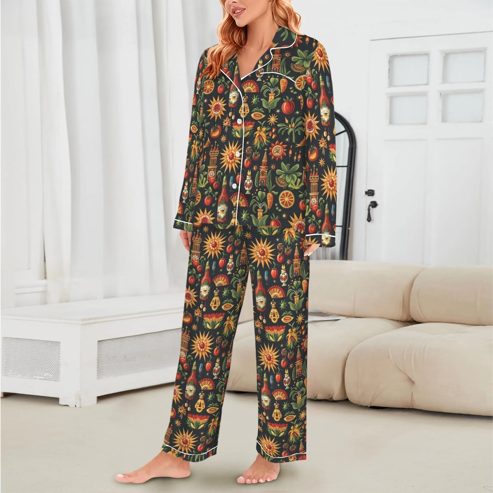 Baha Ranch Colores De Mexico - Mexican Culture Satin Pajamas - Image 3