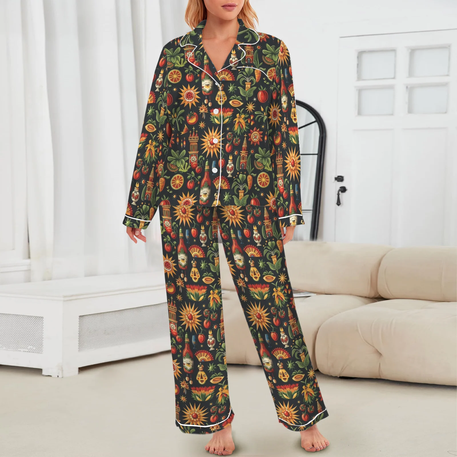 Baha Ranch Colores De Mexico - Mexican Culture Satin Pajamas - Image 7