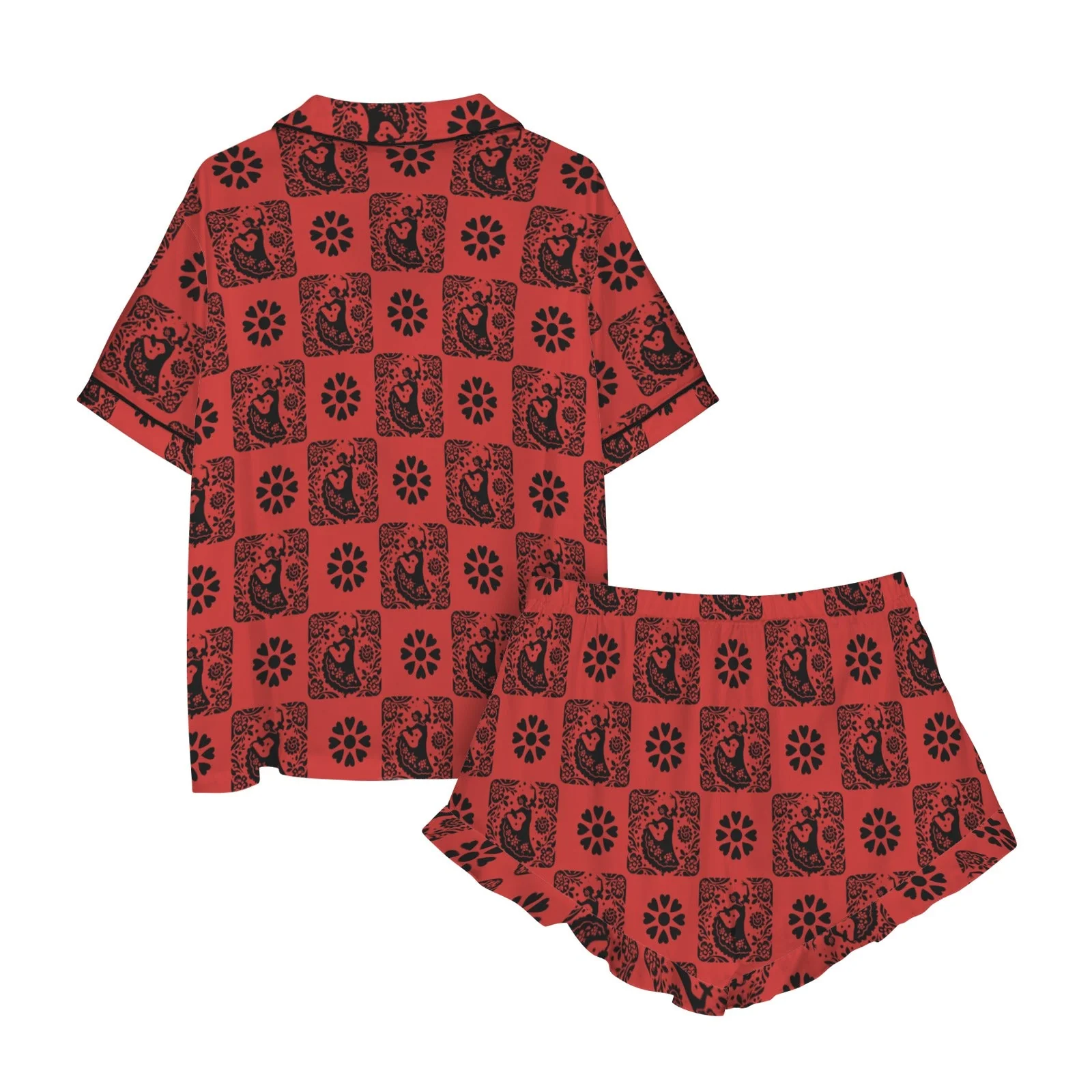 Baha Ranch Colores de Mexico Red Flamenco Mexican Tile Talavera Floral Satin Pajamas - Image 5