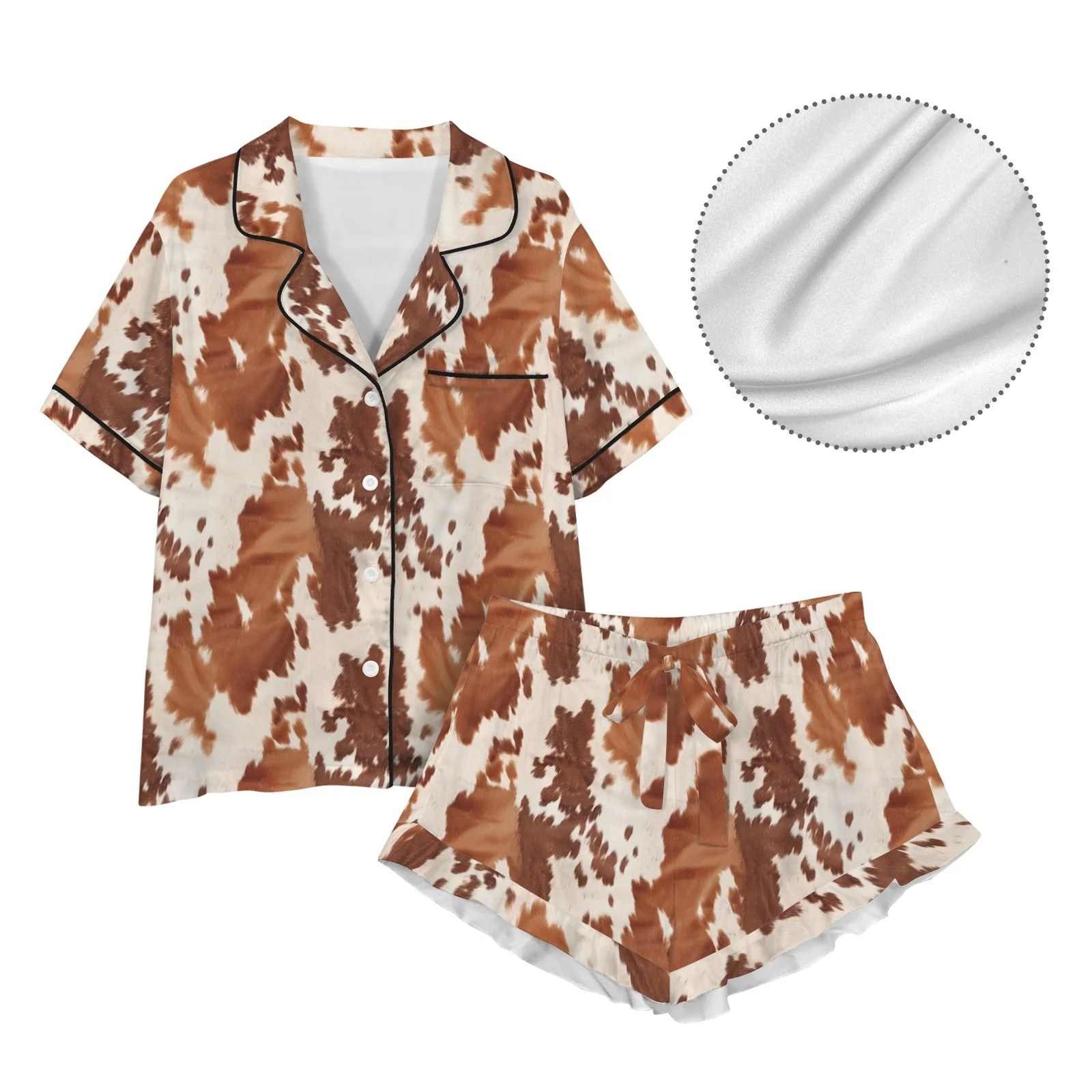 Baha Ranch Cow Hide Print Western Cowgirl Satin Pajama Set - Image 5
