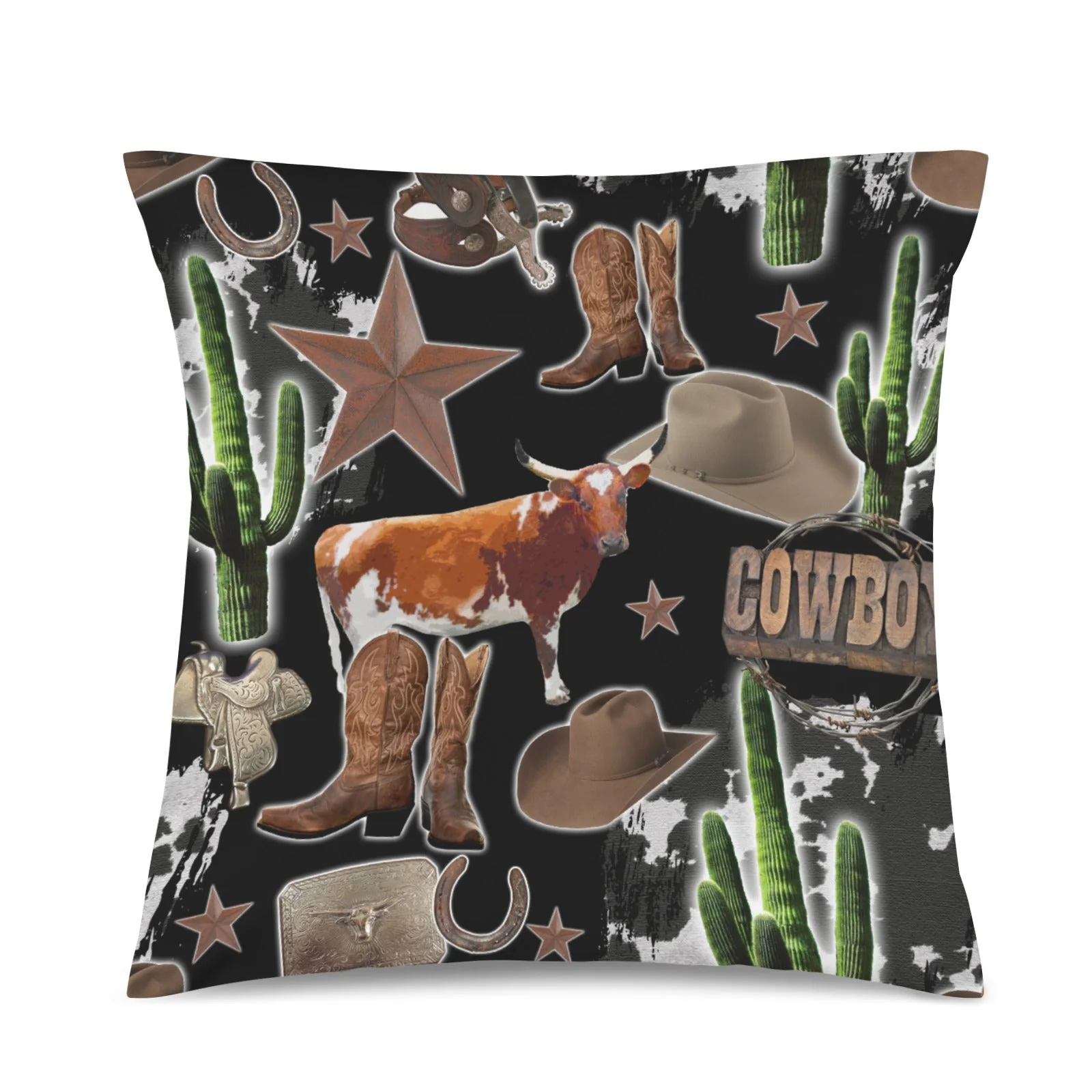 Baha Ranch Cowboy Collage Velvety Soft Throw Pillow Case Made in America - Image 3