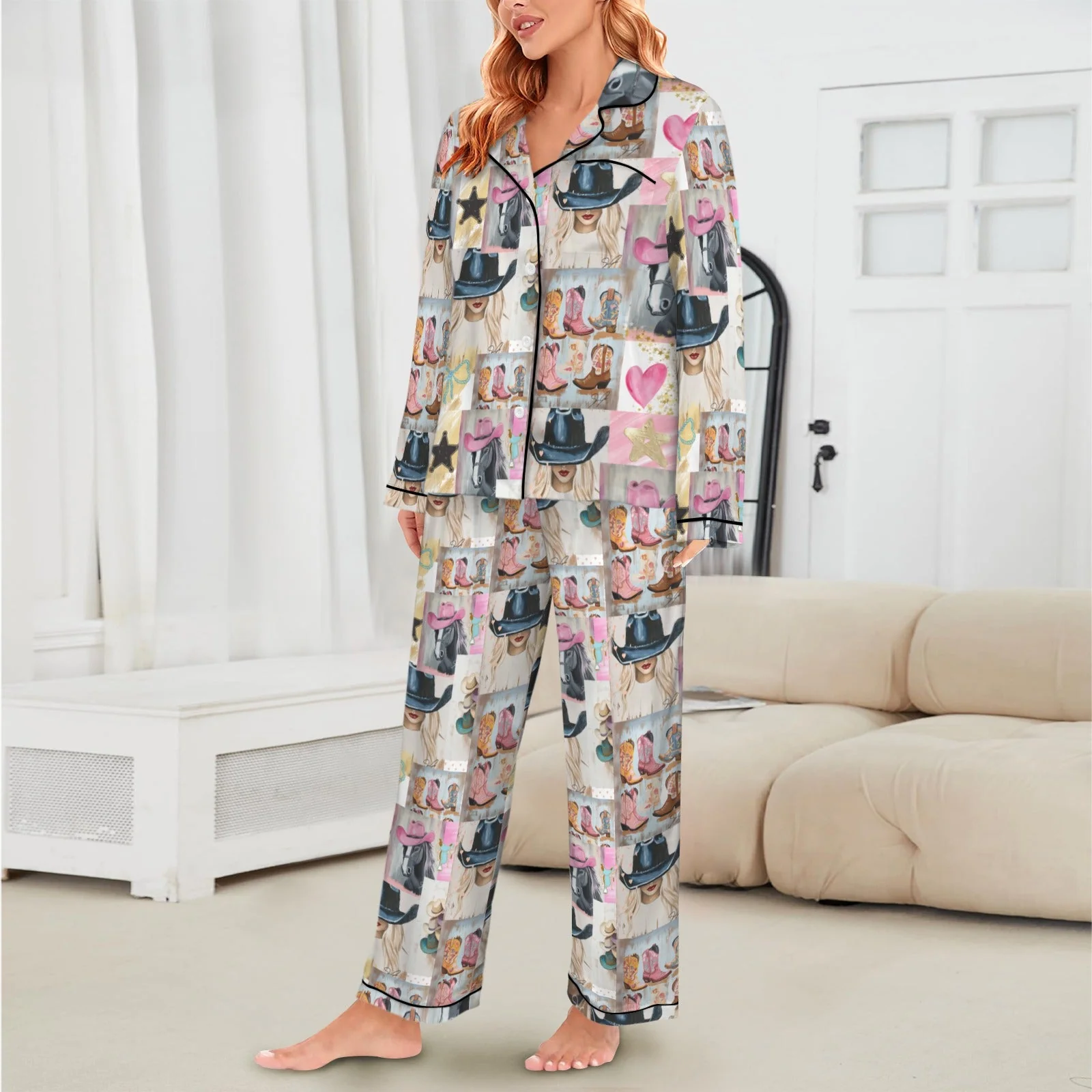 Baha Ranch Danilo Painted Cowgirl Western Satin Long Pajama Set - Image 2