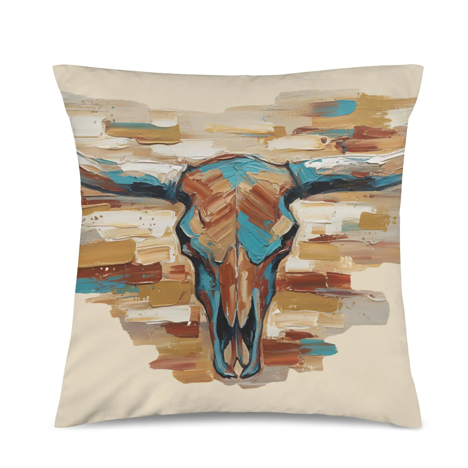 Baha Ranch Painted Tan Longhorn Velvety Soft Pillow Case Made in America - Image 2
