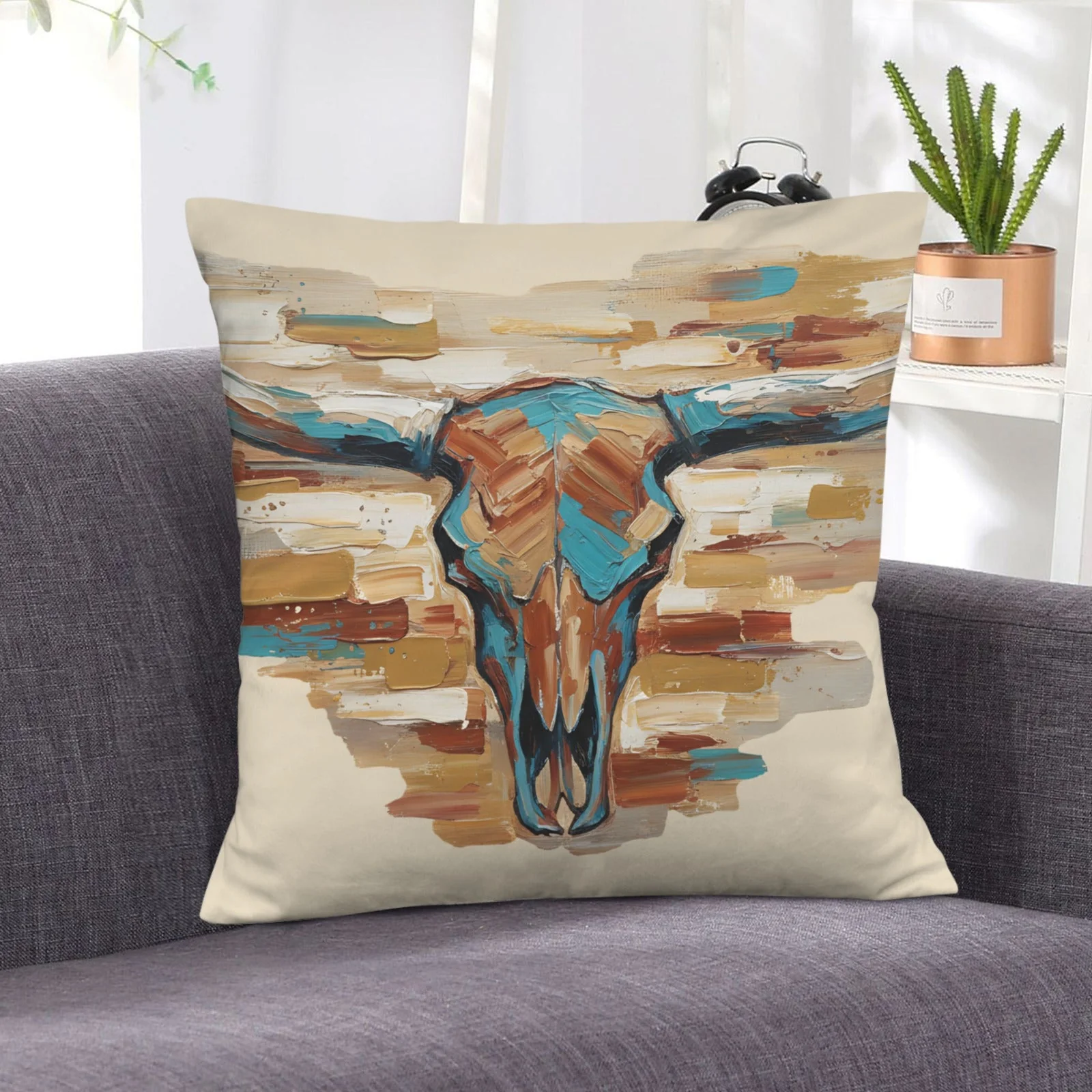 Baha Ranch Painted Tan Longhorn Velvety Soft Pillow Case Made in America - Image 6