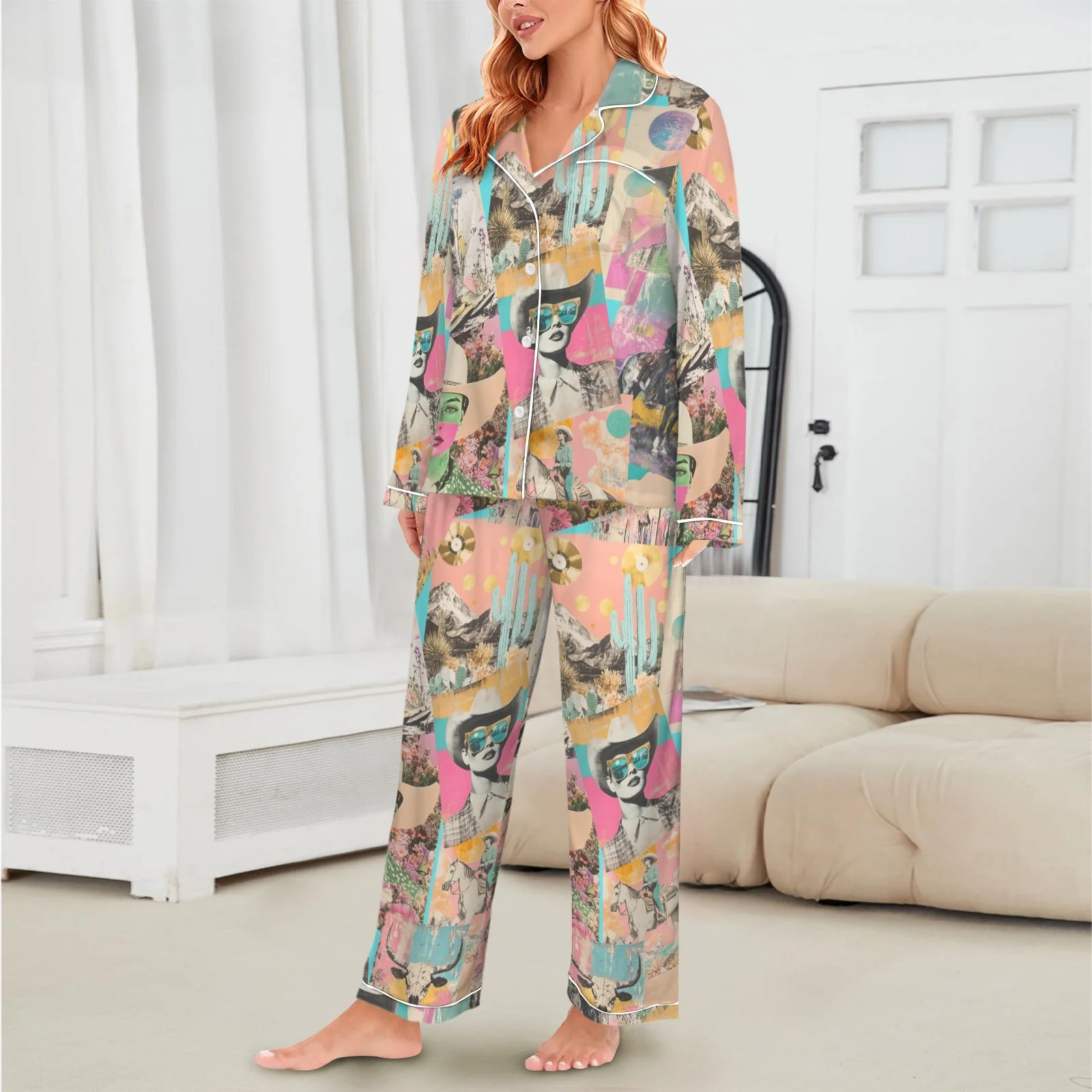 Baha Ranch Pop Western Collage Cowgirl Satin Pajamas - Image 2