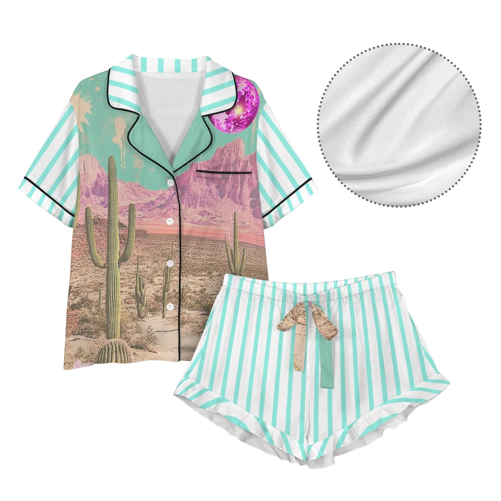 Baha Ranch Retro Pop Western Howdy Desert Cowgirl Satin Pajamas - Image 6