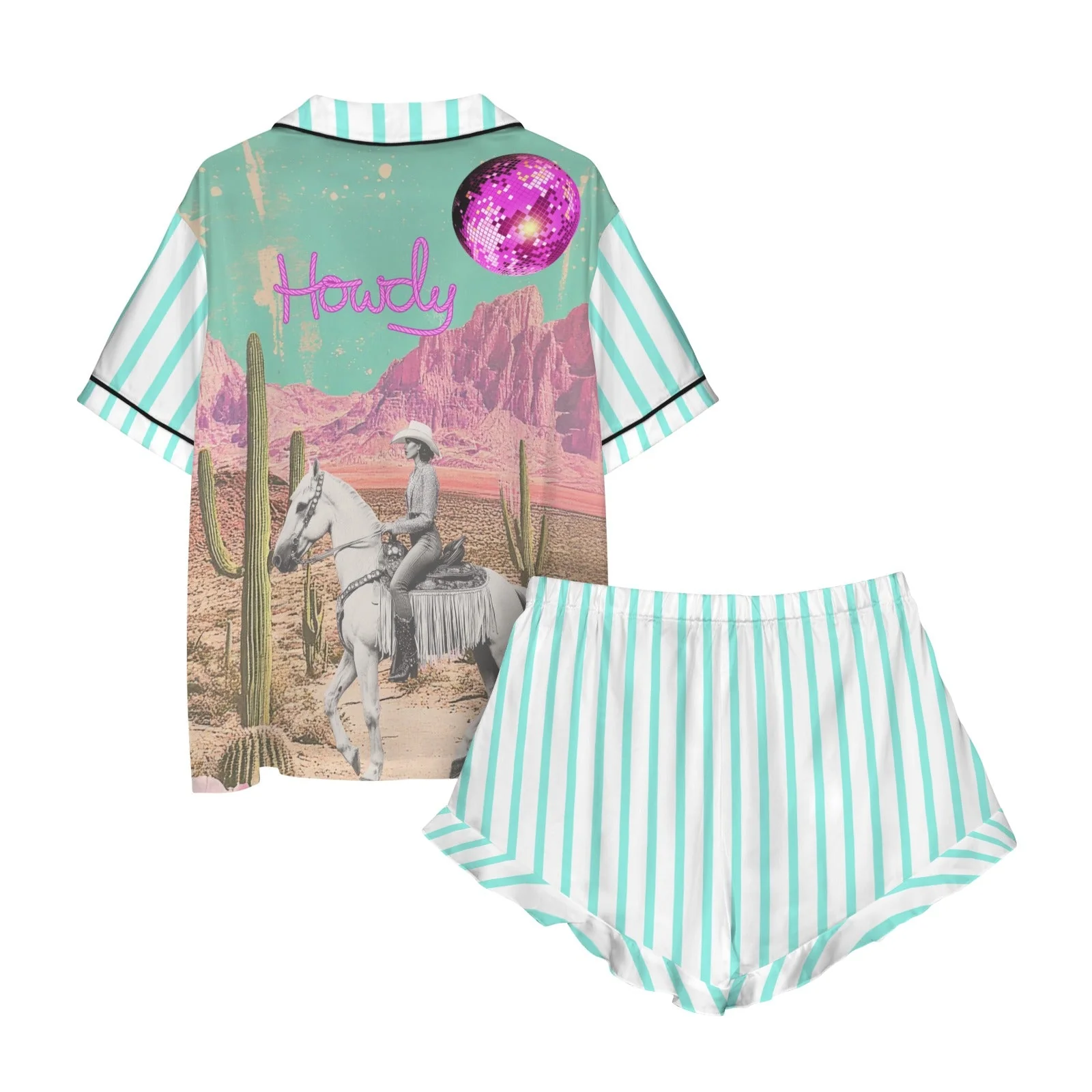 Baha Ranch Retro Pop Western Howdy Desert Cowgirl Satin Pajamas - Image 7