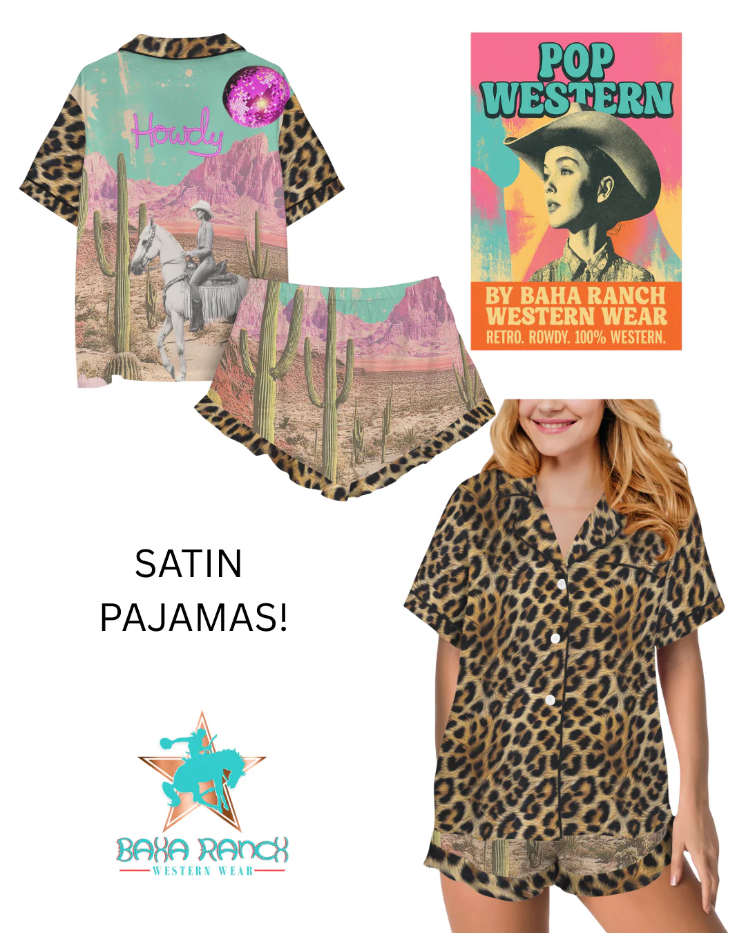 Baha Ranch Retro Pop Western Leopard Desert Cowgirl Satin Pajamas - Image 3