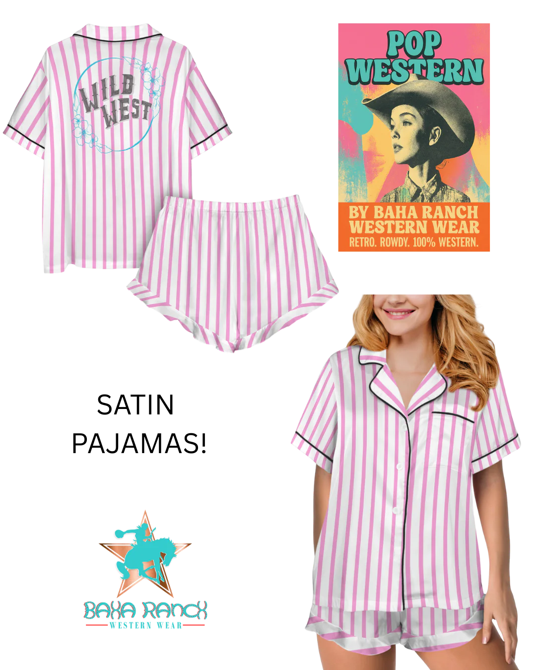 Baha Ranch Retro Pop Western Wild West Pink Pin Stripe Satin Pajamas - Image 3