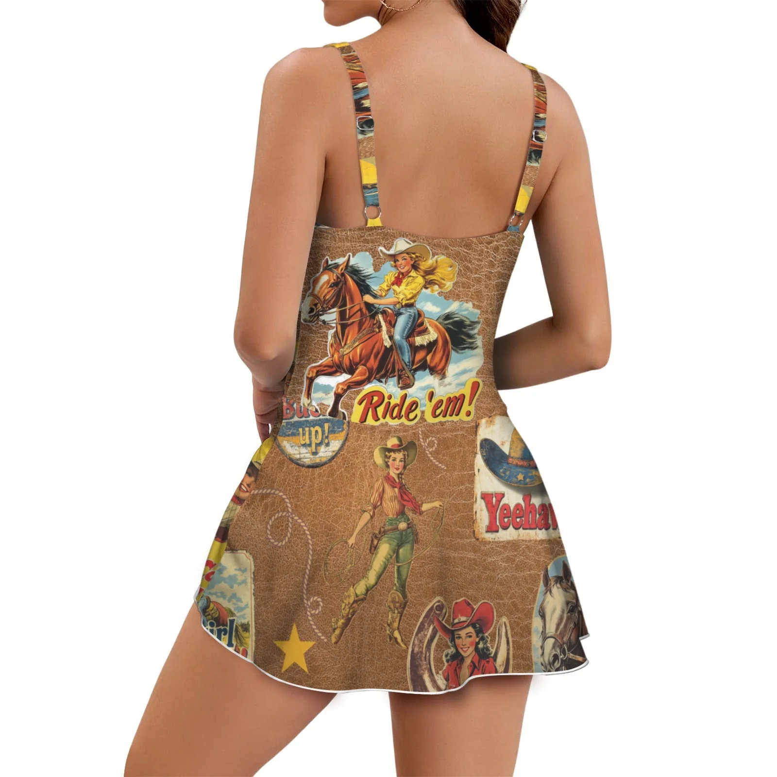 Baha Ranch Vintage Cowgirl Collage Skirted Swim Suit - Image 3