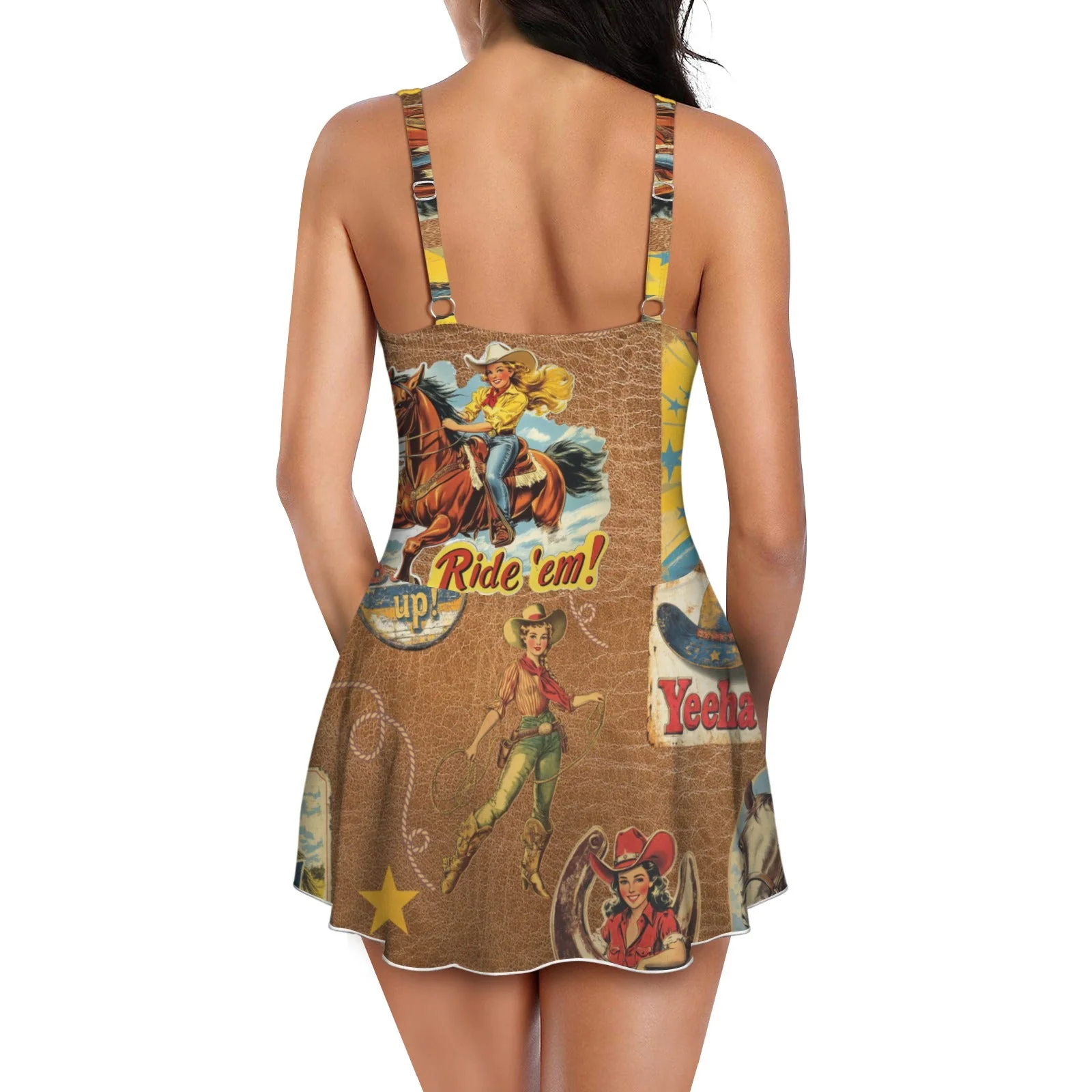 Baha Ranch Vintage Cowgirl Collage Skirted Swim Suit - Image 4
