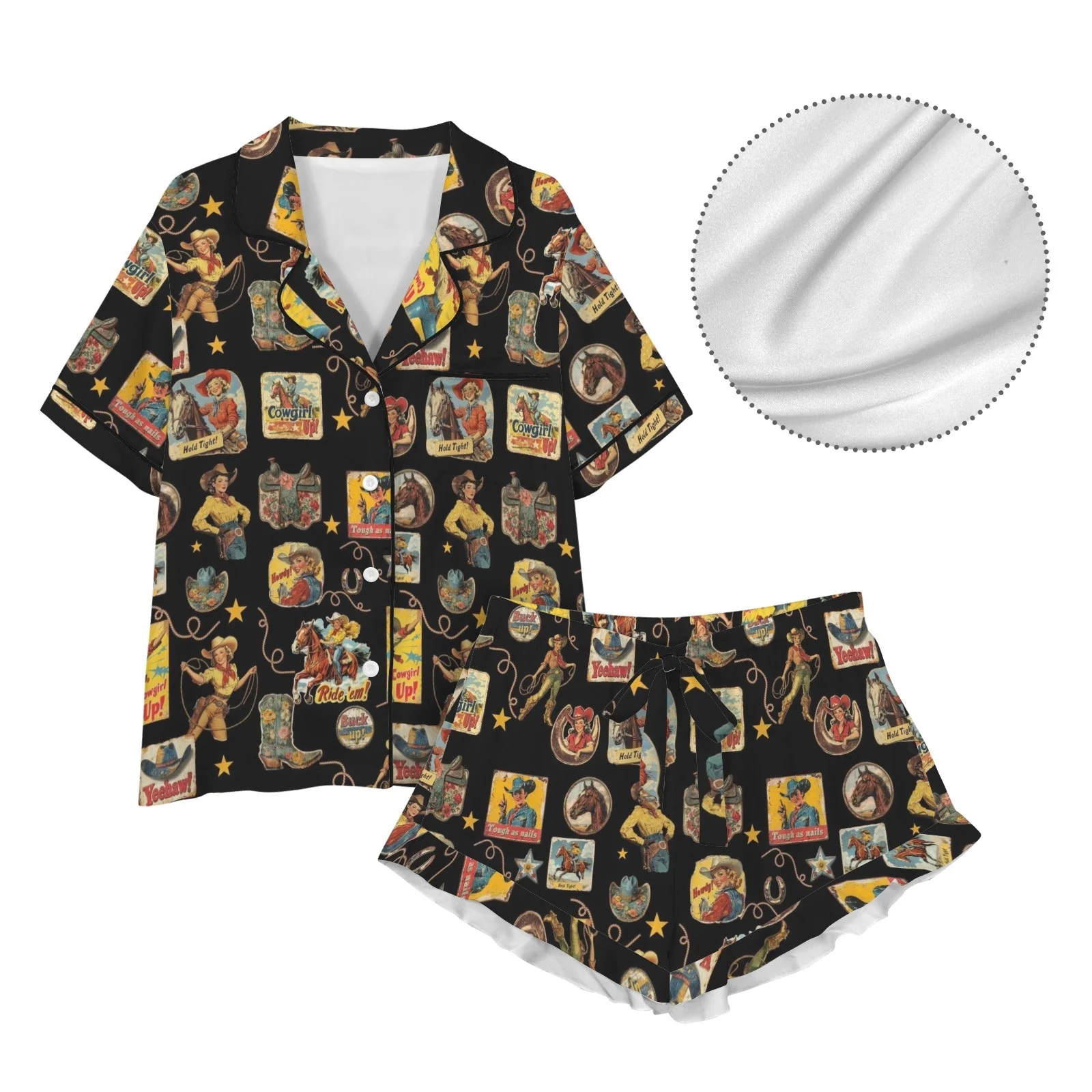 Baha Ranch Vintage Cowgirl Collage Western Ruffle Satin Pajama Set - Image 4