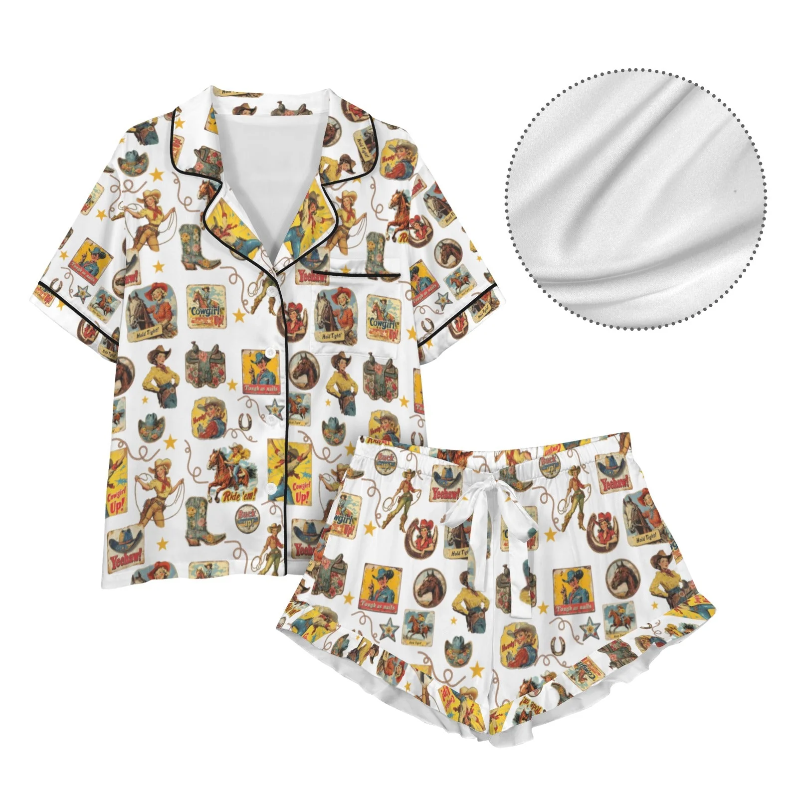 Baha Ranch Vintage Cowgirl Collage Western Satin Ruffle Pajama Set - Image 4