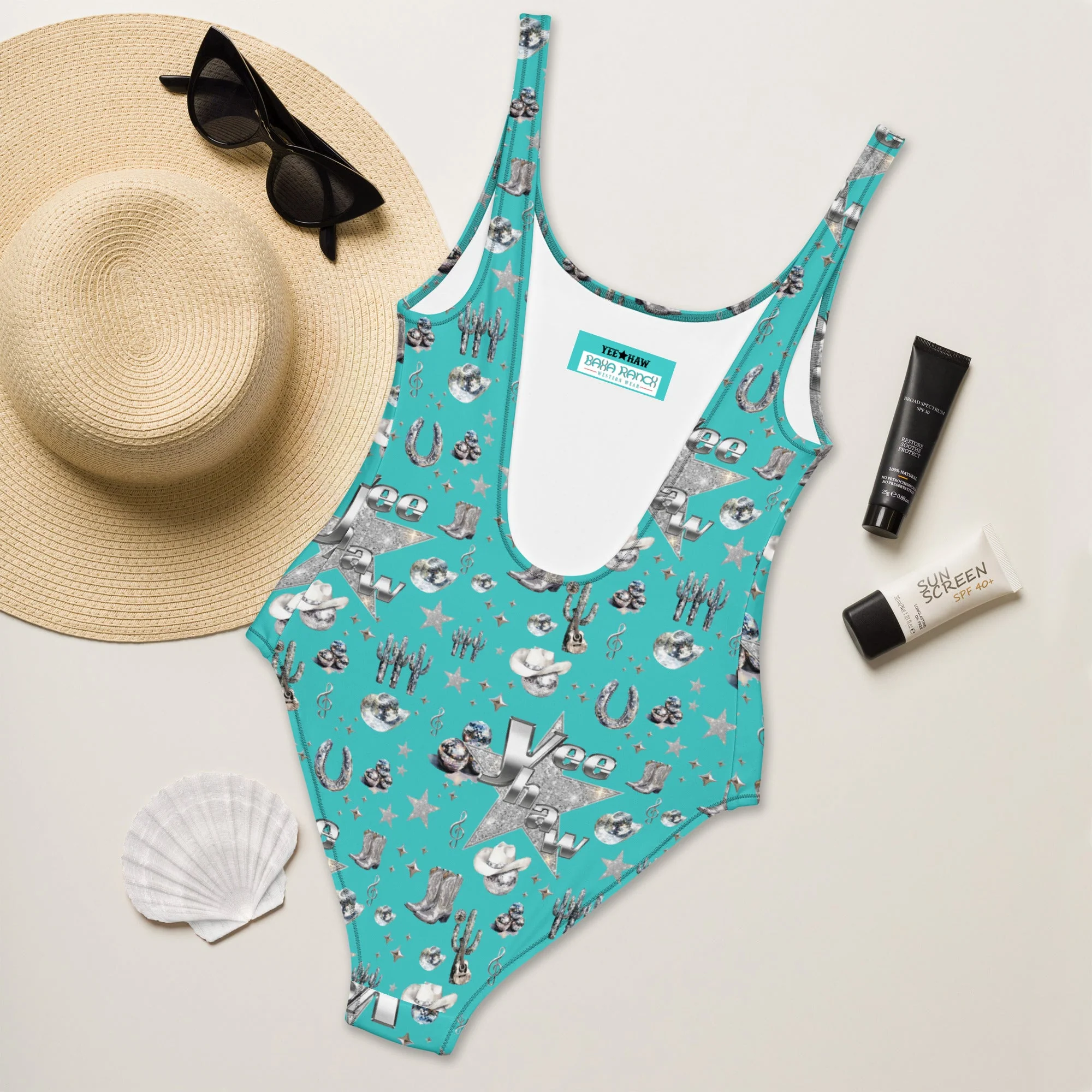 Baha Ranch Yeehaw Rhinestone Cowgirl Turquoise One-Piece Swimsuit - Image 2