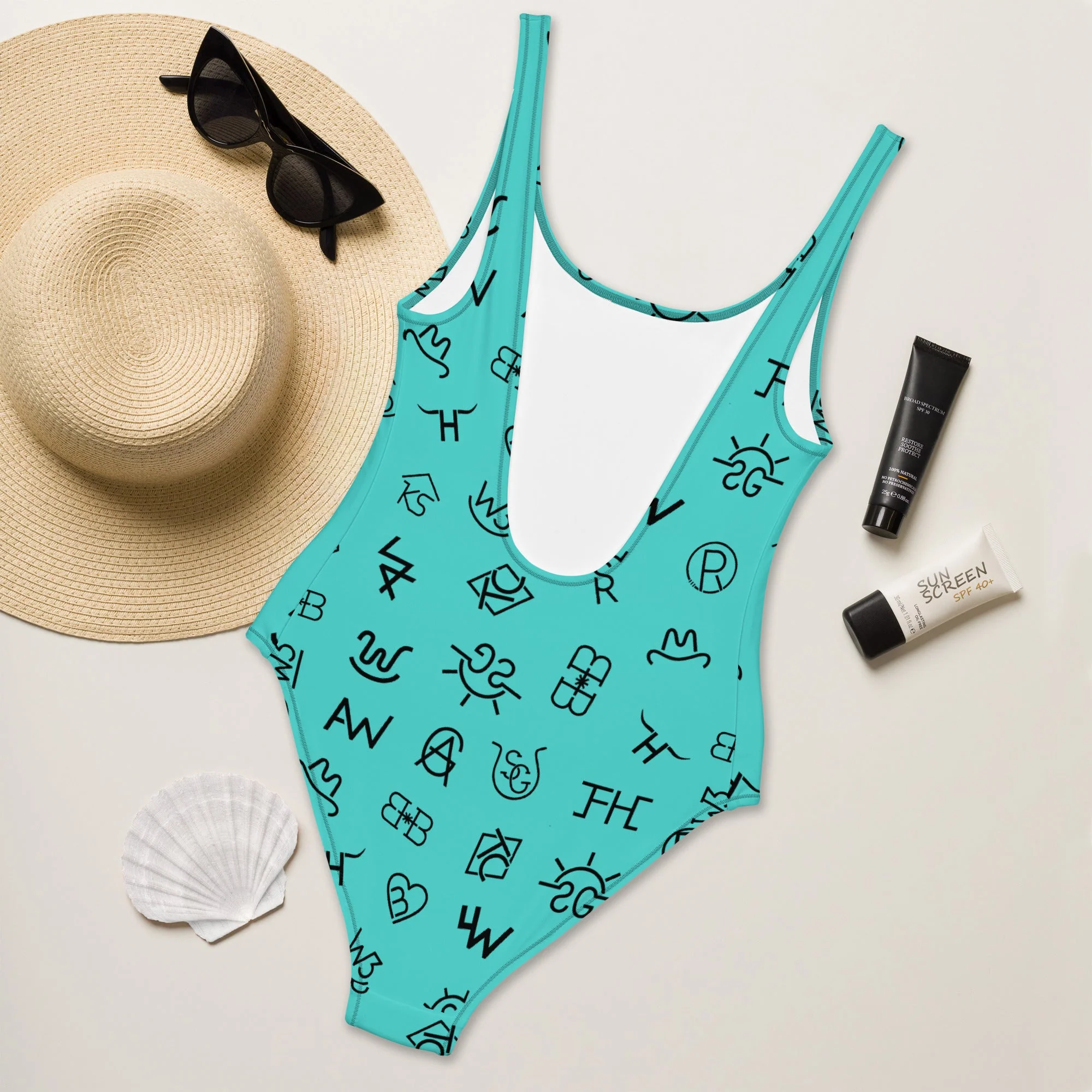 Baha Ranch Yeehaw Turquoise Cattle Brands One-Piece Swimsuit - Image 4