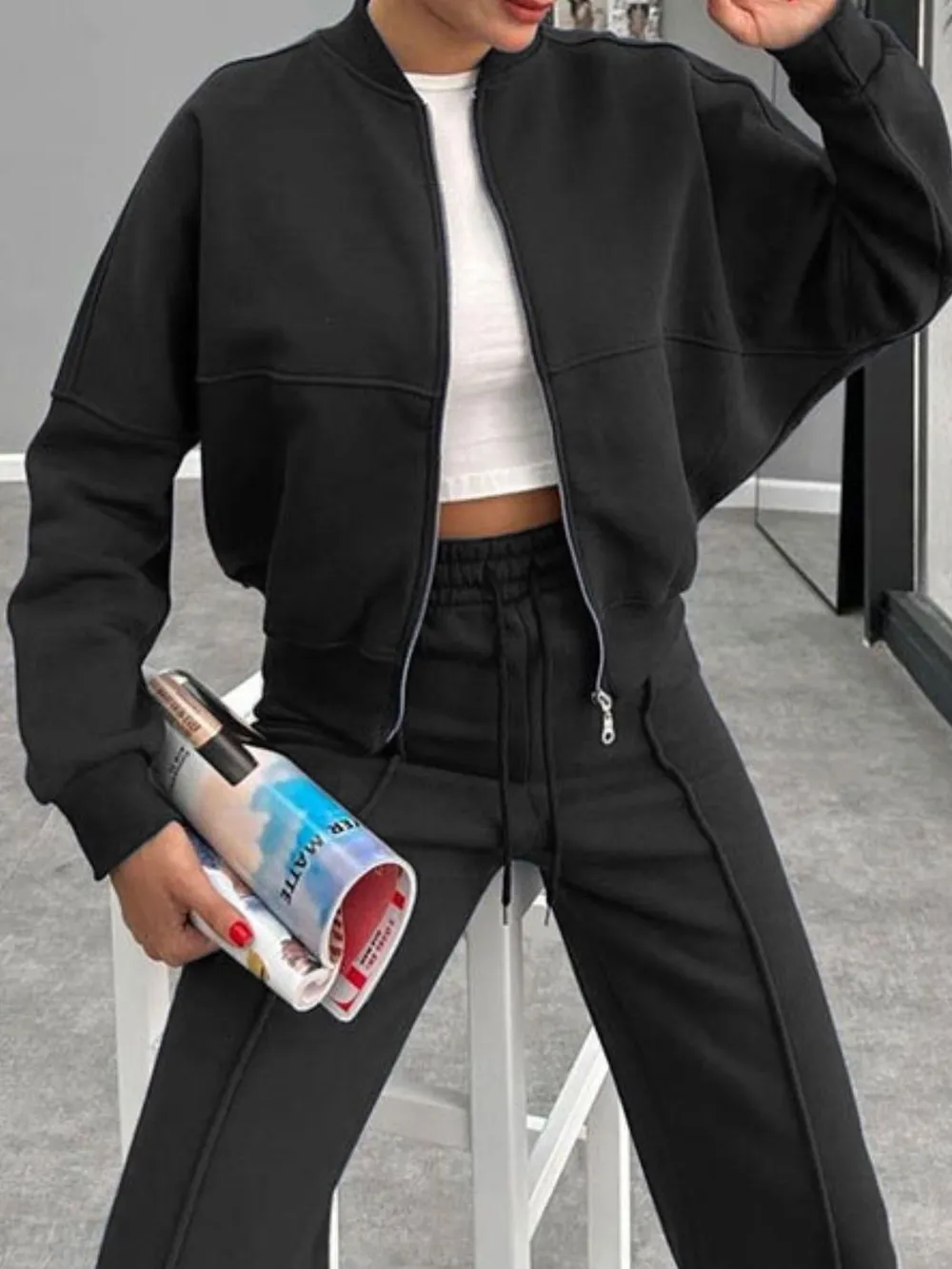 Baseball Collar Zip Up Outerwear and Drawstring Pants Set - Image 17