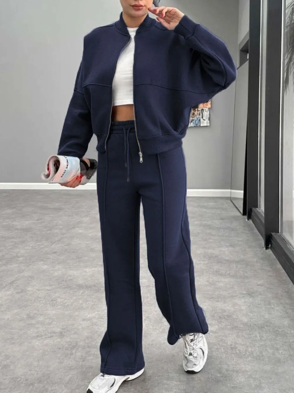 Baseball Collar Zip Up Outerwear and Drawstring Pants Set - Image 23