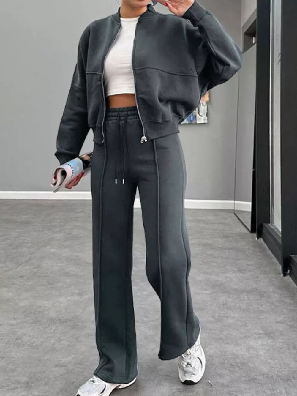 Baseball Collar Zip Up Outerwear and Drawstring Pants Set - Image 24