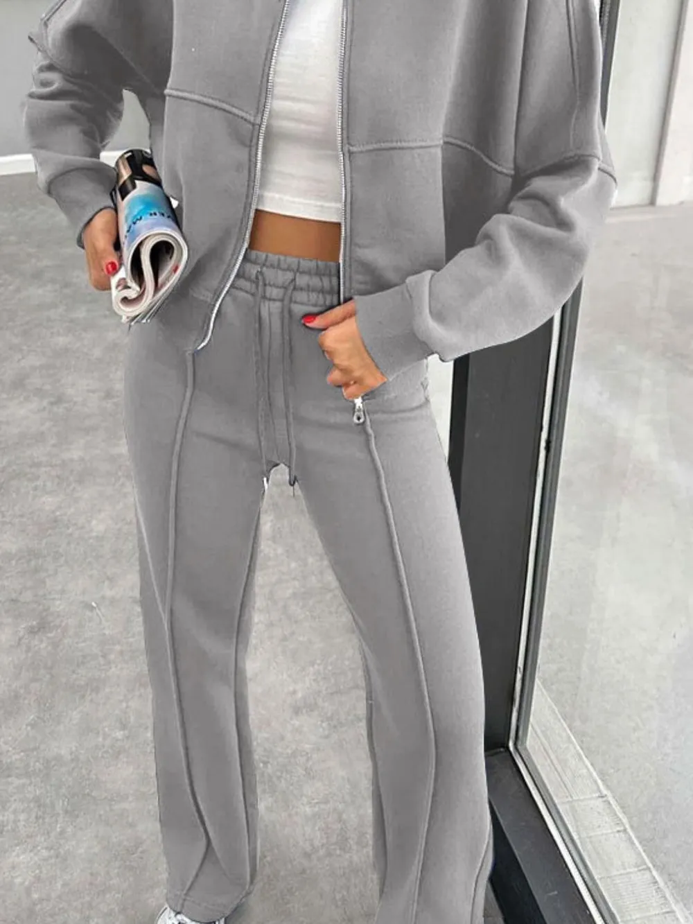 Baseball Collar Zip Up Outerwear and Drawstring Pants Set - Image 30