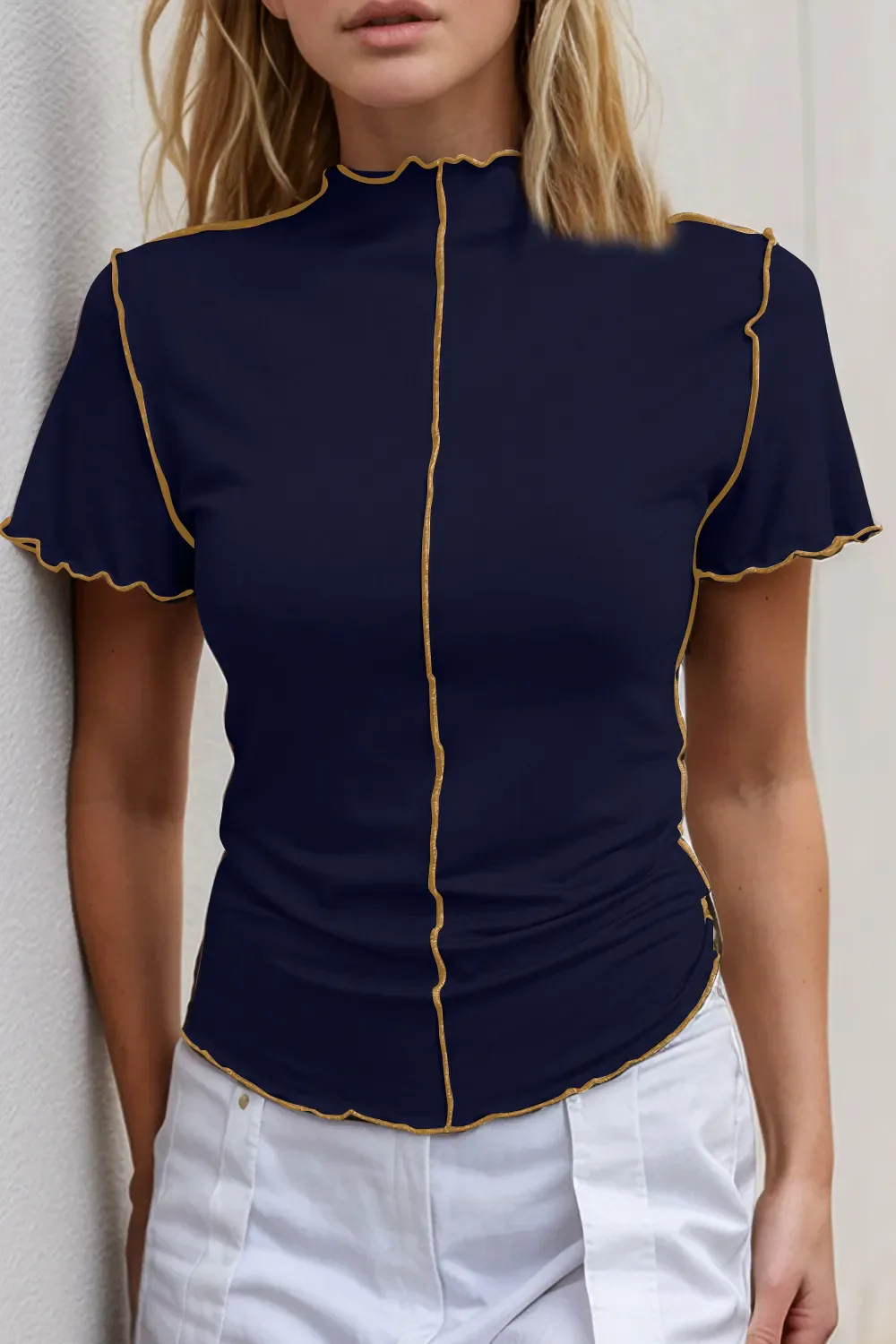 Basic Bae Contrast Trim Mock Neck Short Sleeve T-Shirt - Image 10