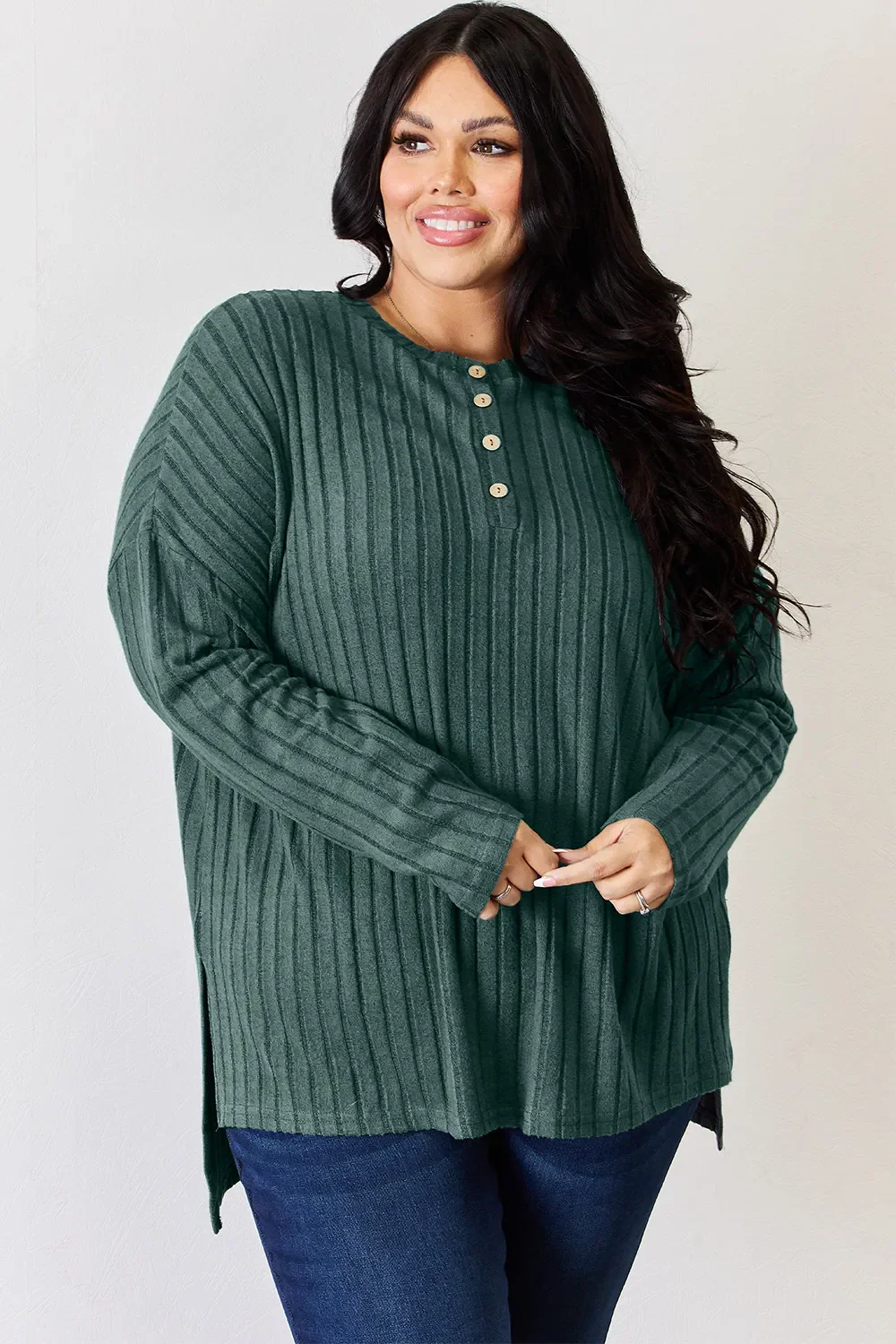 Basic Bae Full Size Ribbed Half Button Long Sleeve High-Low T-Shirt - Image 12