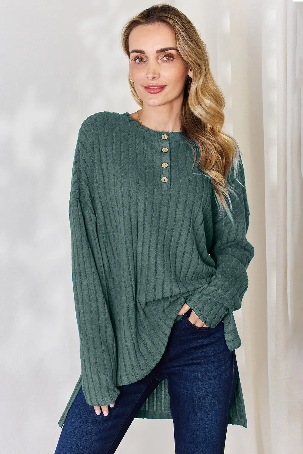 Basic Bae Full Size Ribbed Half Button Long Sleeve High-Low T-Shirt - Image 8