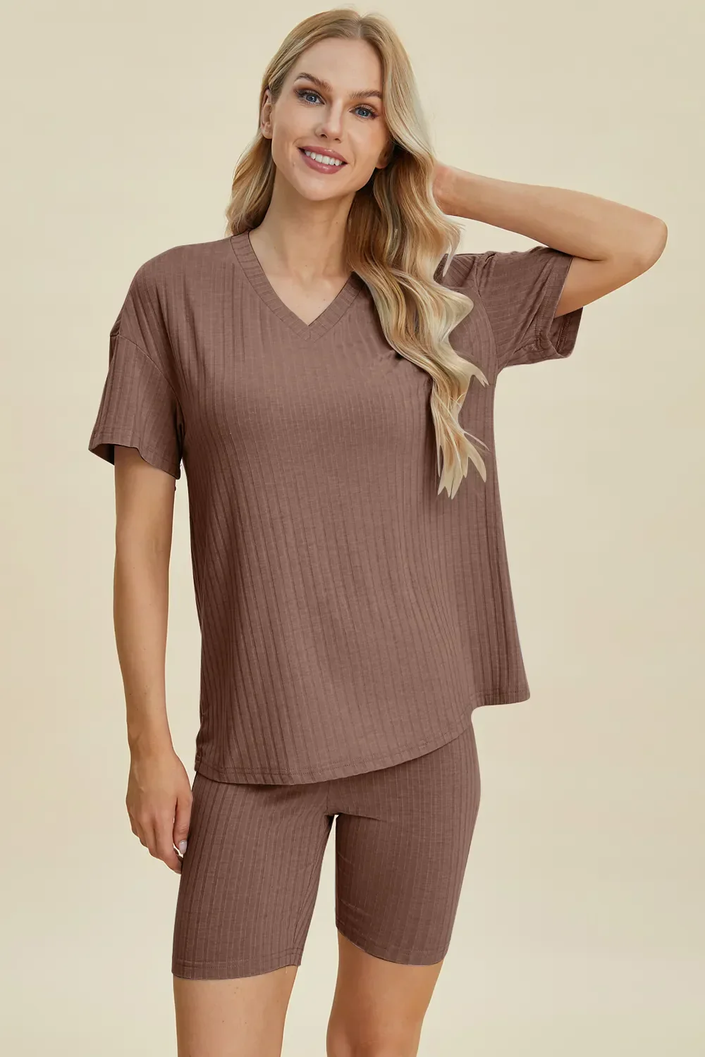 Basic Bae Full Size Ribbed V-Neck Short Sleeve Top and Shorts Set - Image 36