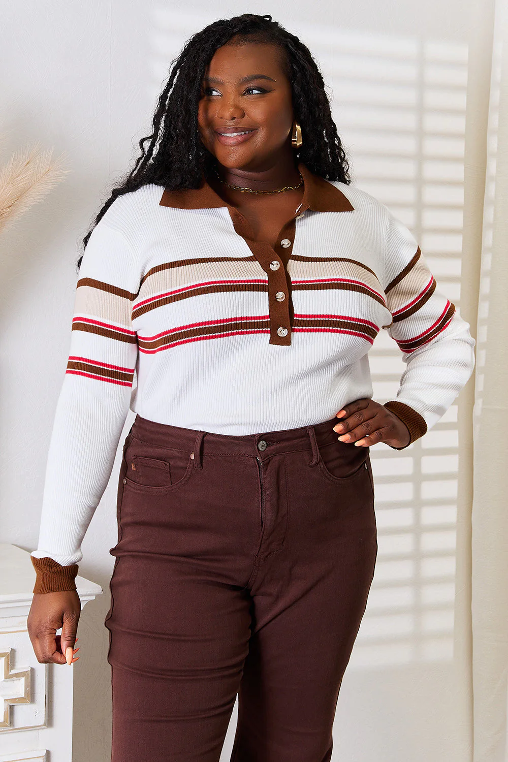 Basic Bae Striped Collared Neck Rib-Knit Top - Image 5