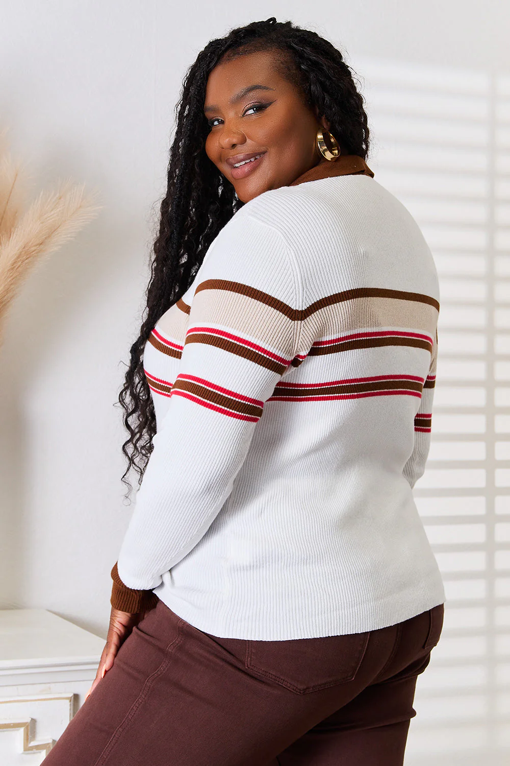Basic Bae Striped Collared Neck Rib-Knit Top - Image 6
