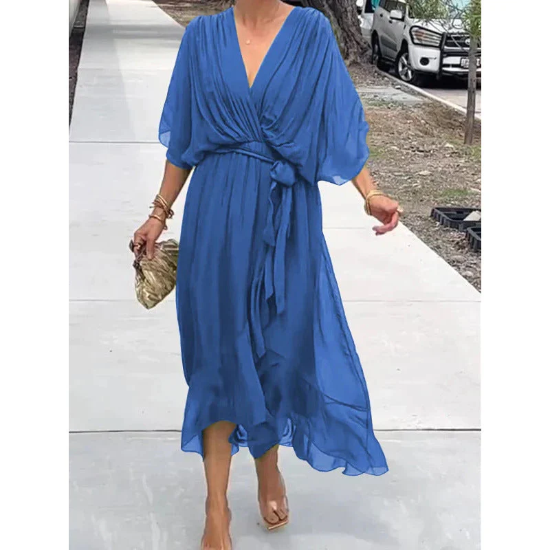 Batwing Sleeve V-Neck Midi Dress – Tied Irregular Hem Fairy Dress - Image 11