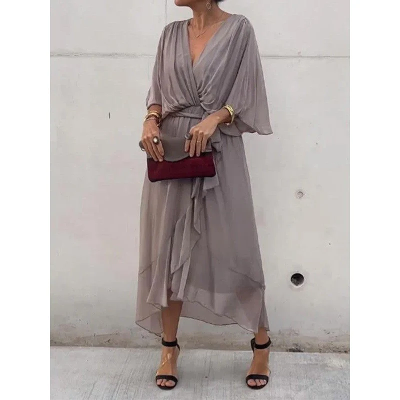 Batwing Sleeve V-Neck Midi Dress – Tied Irregular Hem Fairy Dress - Image 12
