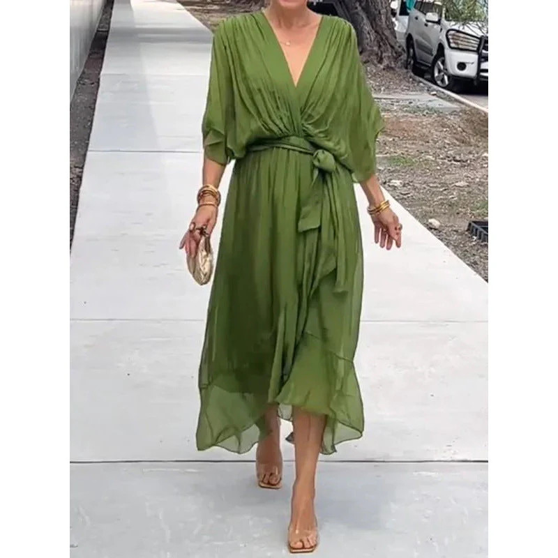 Batwing Sleeve V-Neck Midi Dress – Tied Irregular Hem Fairy Dress - Image 13