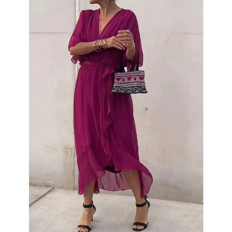 Batwing Sleeve V-Neck Midi Dress – Tied Irregular Hem Fairy Dress - Image 15