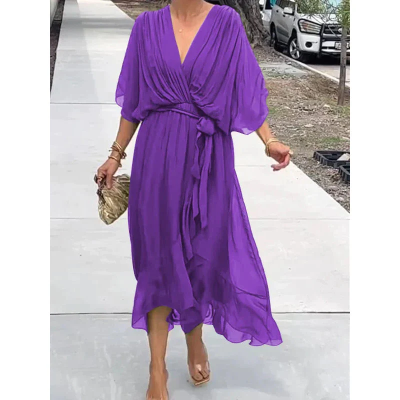 Batwing Sleeve V-Neck Midi Dress – Tied Irregular Hem Fairy Dress - Image 4