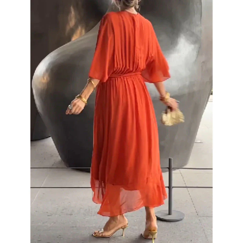 Batwing Sleeve V-Neck Midi Dress – Tied Irregular Hem Fairy Dress - Image 7