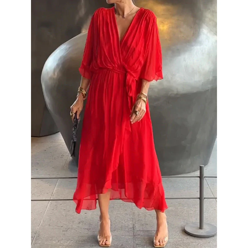 Batwing Sleeve V-Neck Midi Dress – Tied Irregular Hem Fairy Dress - Image 9