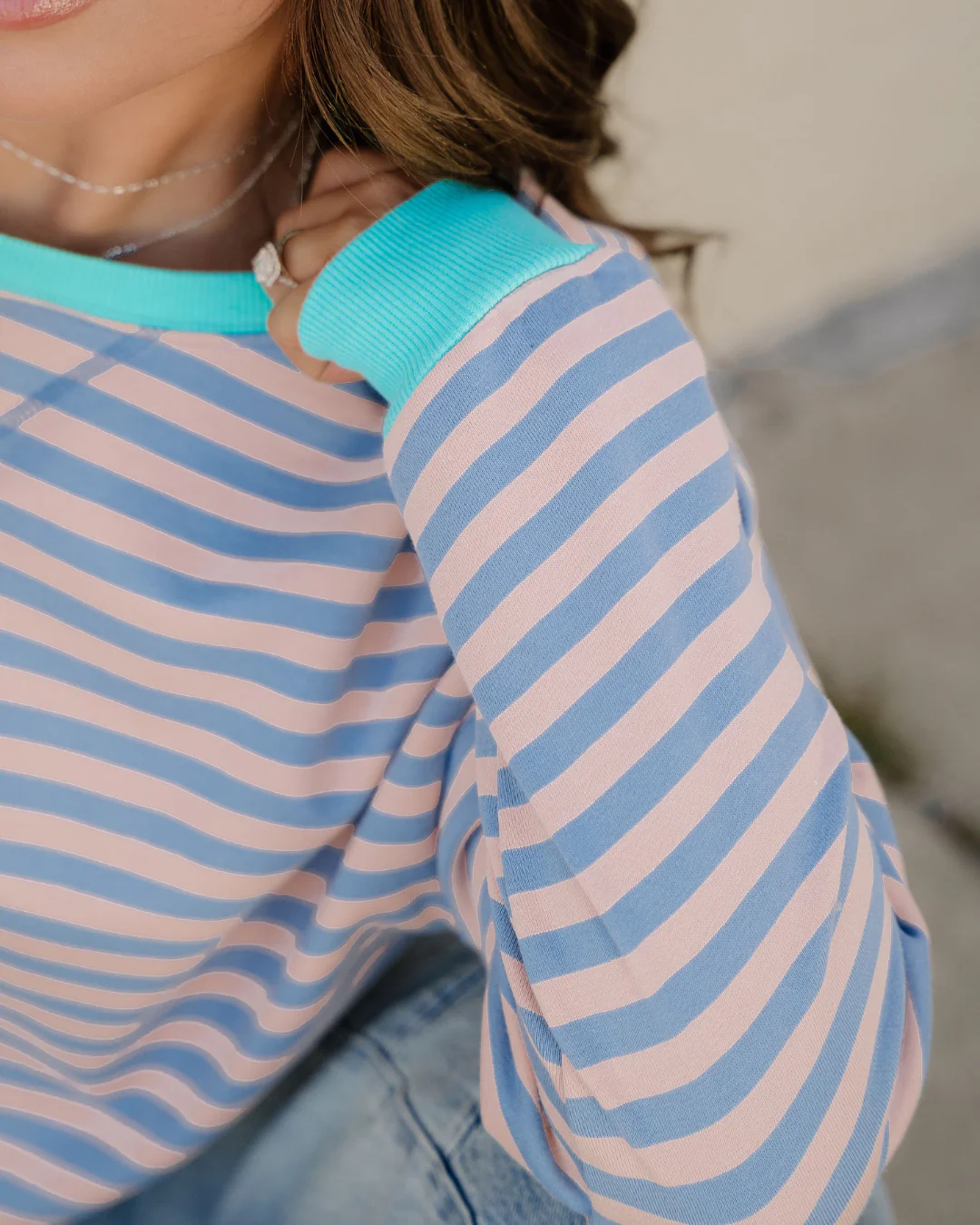 Baya Striped Contrast Trim Drop Shoulder Sweatshirt - Blue/Pink - Image 4