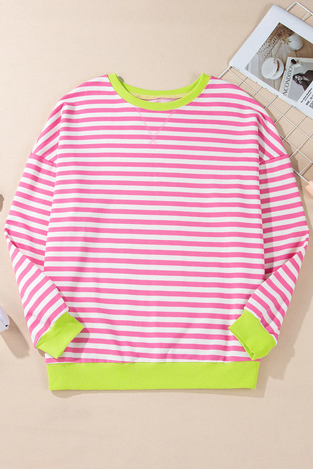 Baya Striped Contrast Trim Drop Shoulder Sweatshirt - Pink - Image 4