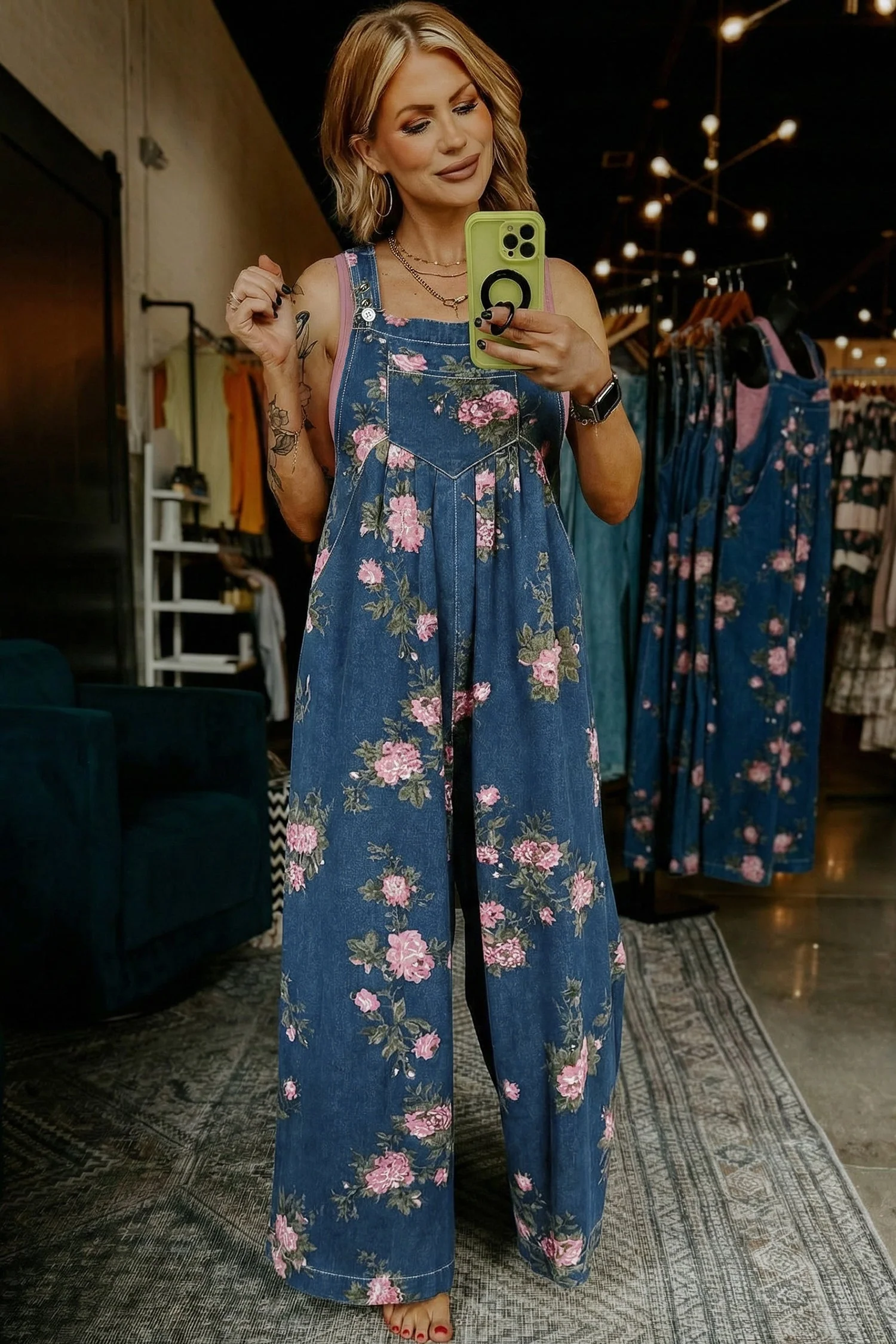 Beau Blue Floral Print Pleated High Waist Wide Leg Denim Jumpsuit - Image 10