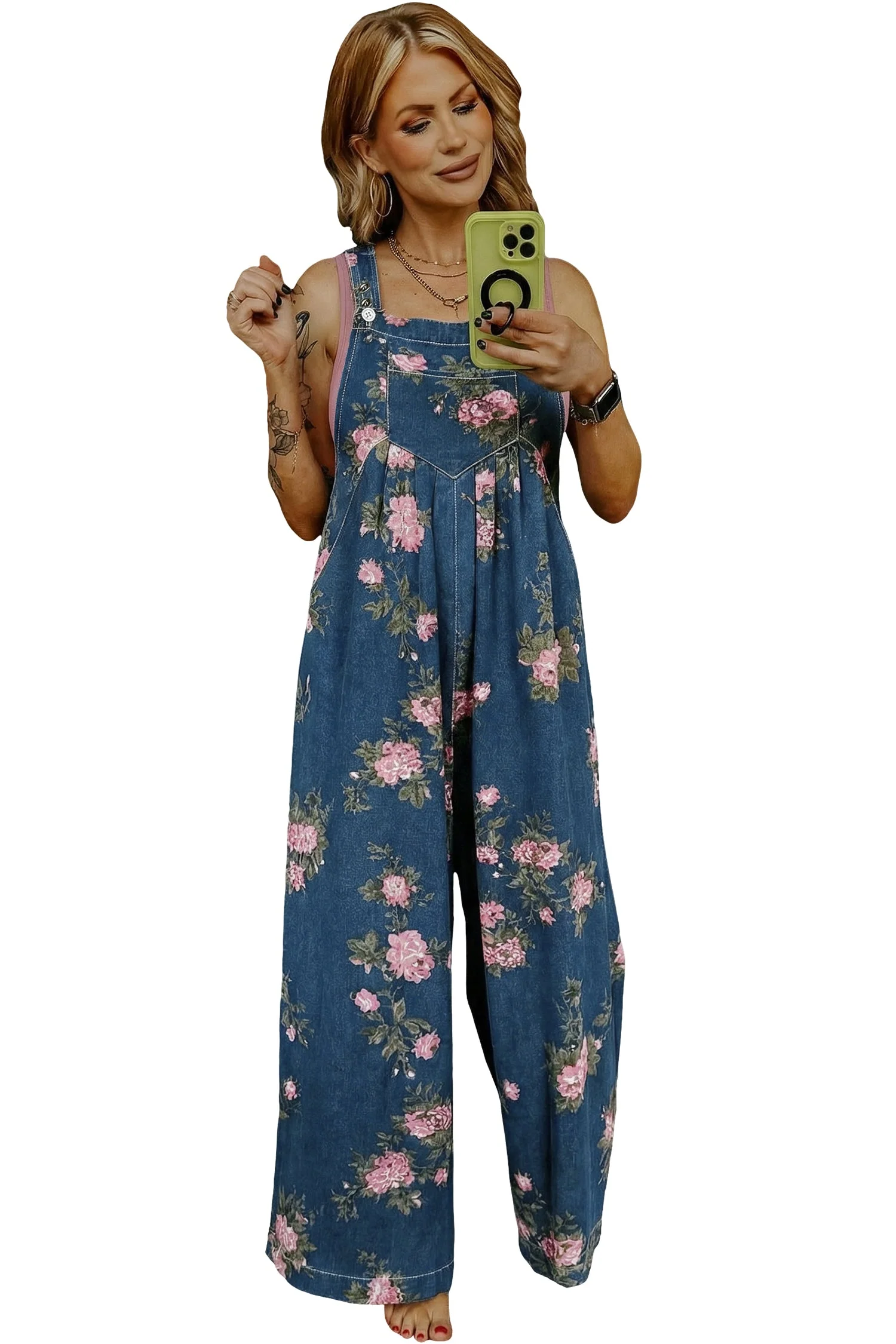 Beau Blue Floral Print Pleated High Waist Wide Leg Denim Jumpsuit - Image 11
